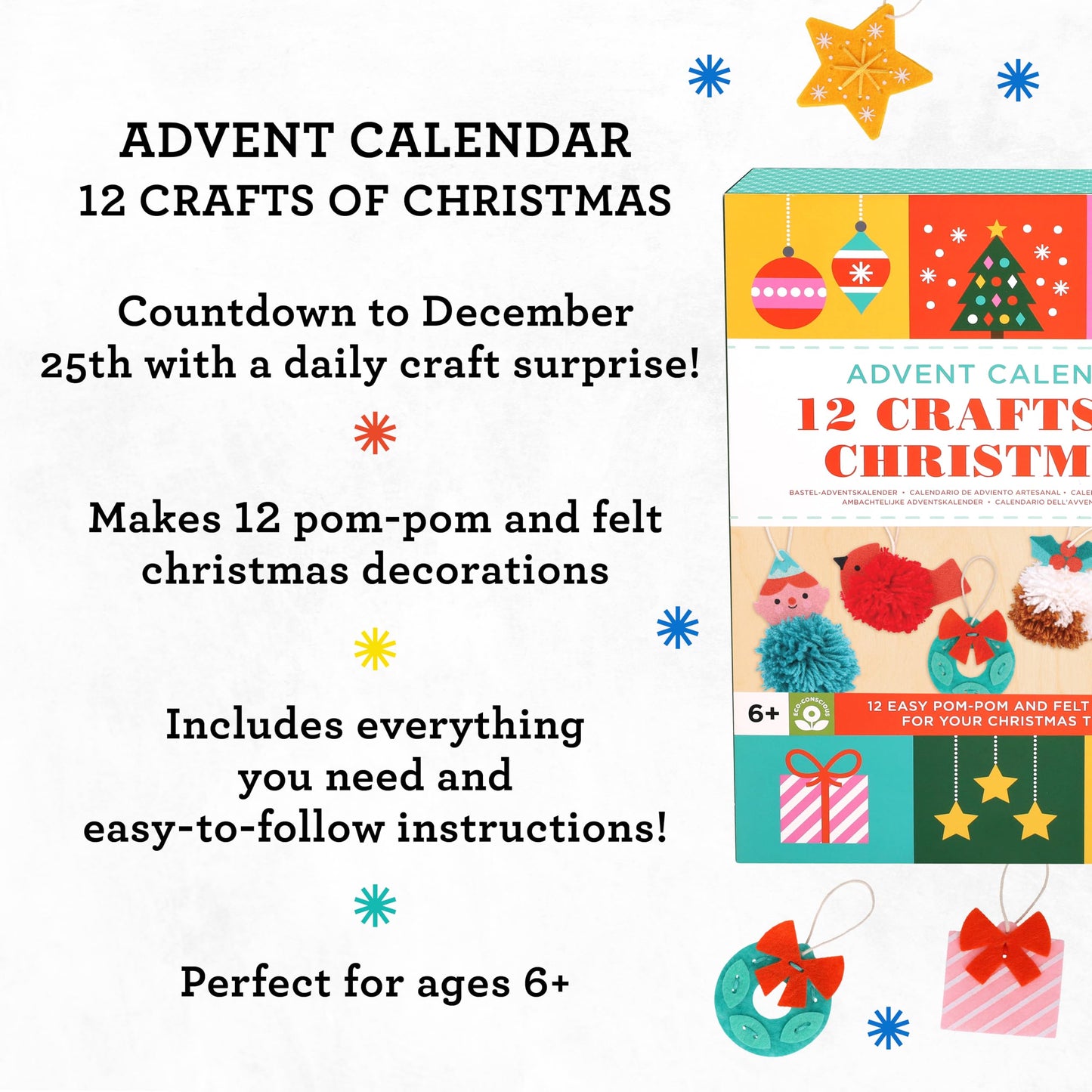 Petit Collage: 12 Crafts of Christmas Advent Calendar - Eco-Friendly Advent Craft Kit for Kids 6+ – Includes Felt Shapes, Pom‑Pom Maker, Yarn & Needle – Reusable Drawer Calendar with Daily Projects
