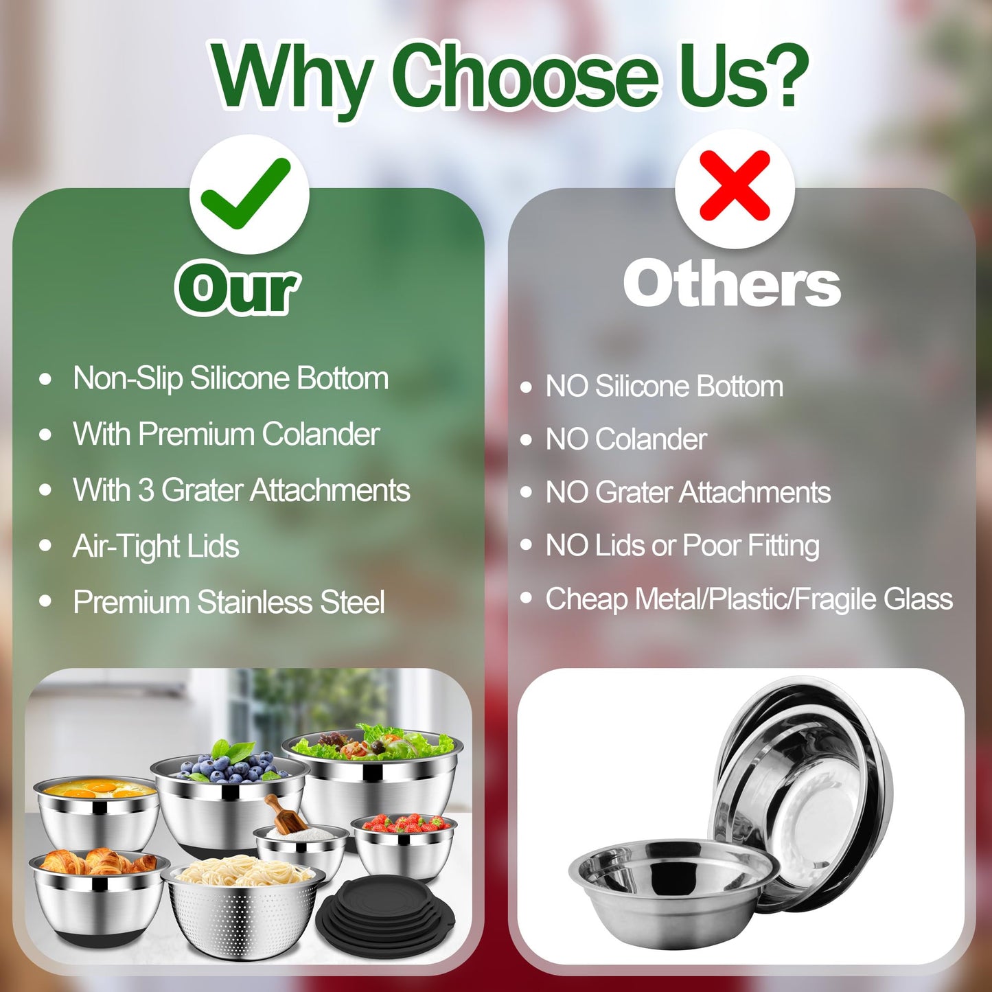 DUTZUN Mixing Bowls with Lids Set - 16pcs Stainless Steel Mixing Bowl Set with Colander, 3 Grater Attachments, Non-Slip Bottom, Metal Nesting Bowls with Strainer for Mixing & Serving - Black