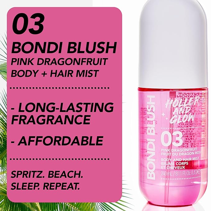 HOLLER AND GLOW Bondi Blush Pink Dragonfruit Body & Hair Mist, Body Spray For Women, Hair Perfume For Women, Jasmine, Amber Scented, Floral & Tropical Fragrance Notes, 8.11 Fl Oz