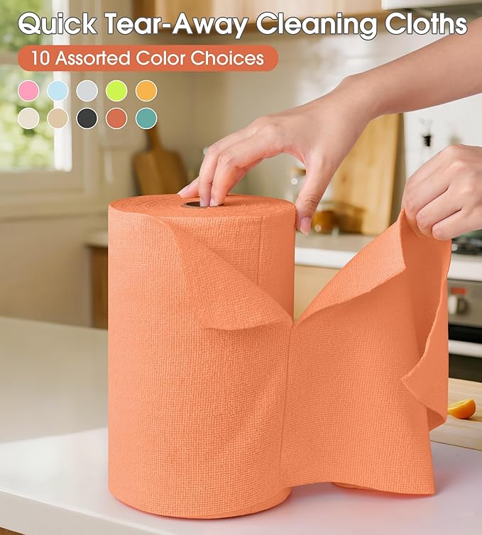KitchLife Microfiber Cleaning Cloth Roll, 100 Pack - Tear-Away Microfiber Paper Towels, Lint-Free, Reusable, Washable for Kitchen, Car, Dishes, and Sensitive Surfaces (Coral)