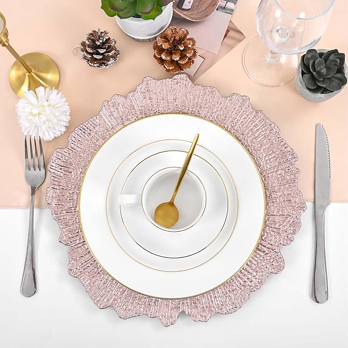 Pesonlook 24Pcs Rose Gold Charger Plates Round 13inch, Reef Plate Chargers for Dinner, Bulk Plastic Floral Table Plates for Dinner Wedding Party Event Table Setting Decoration(Rose Gold)