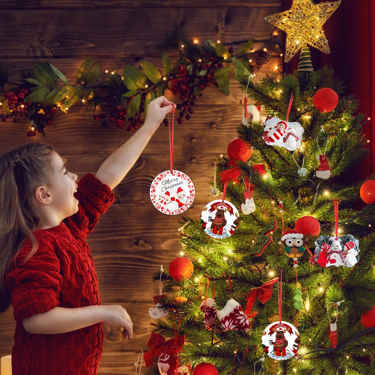 Jenaai 48 Pcs Sublimation Ornament Blanks Double Sided MDF Sublimation Christmas Ornaments Blanks Bulk for Christmas Tree Decor DIY Crafts with Red Ribbon, DIY Handmade Crafts Ornaments(3.15 Inch)