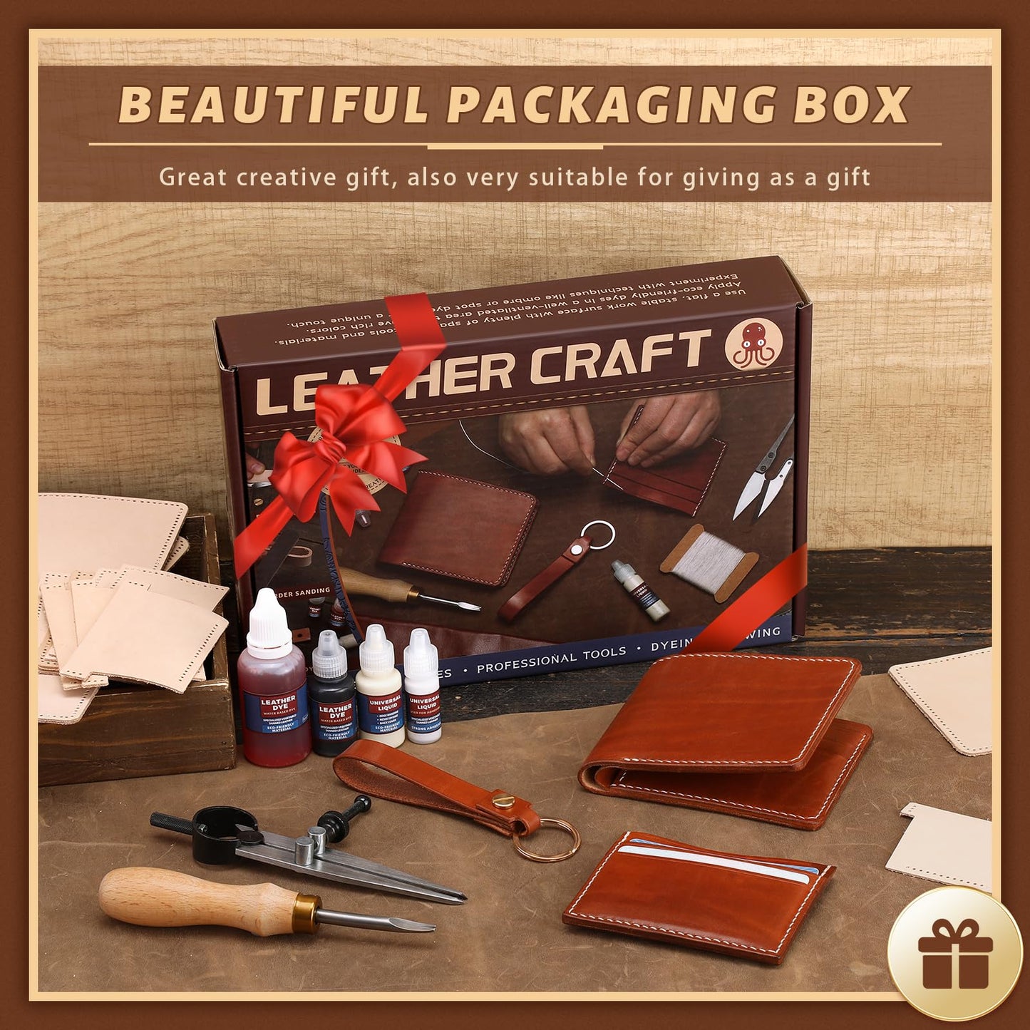 CBHGFEA 51-Piece Leather Working Kit: CBHGFEA Craft Tools Set with Edge Beveler Vegetable Tanned Leather Compass Wax Thread Video Tutorials for Wallets Card Holders and Keychains Crafts for Adults
