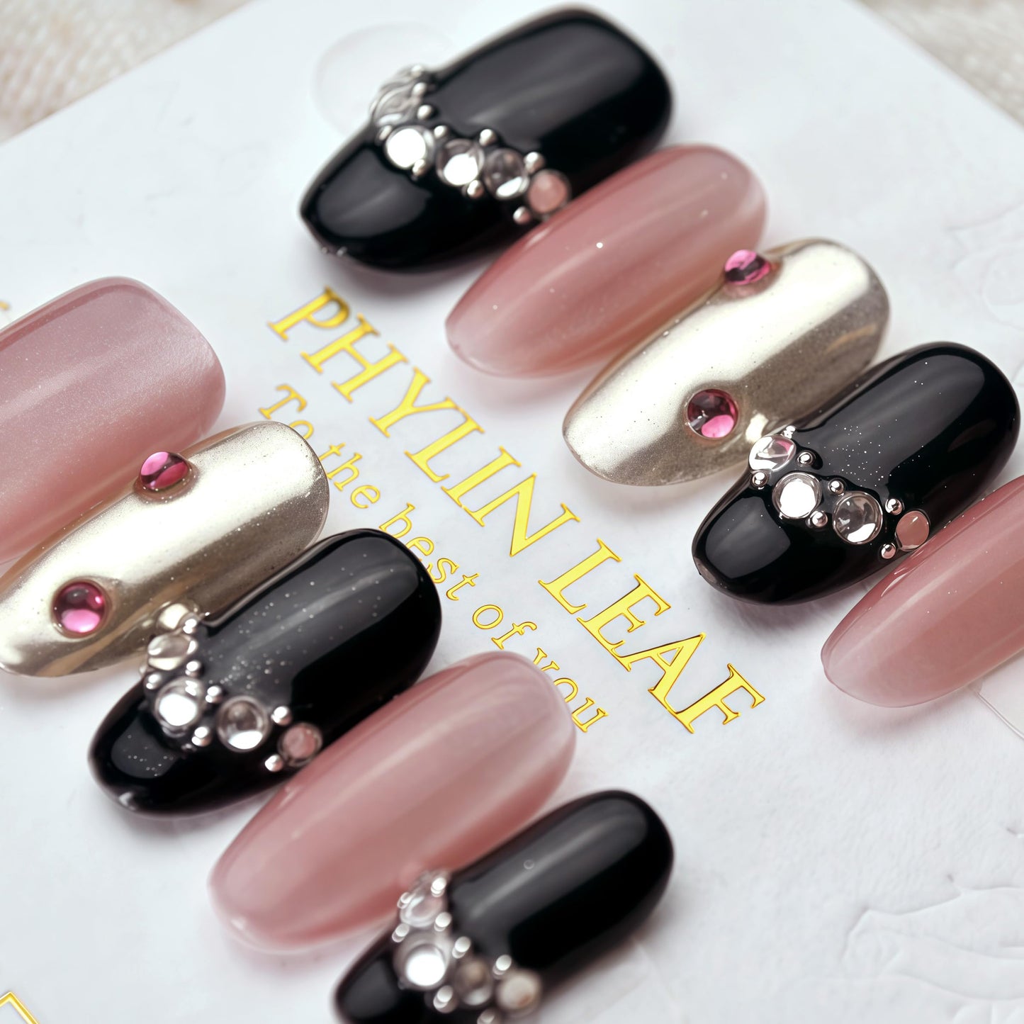 Handmade Press On Nails impress Fake Nails Medium Almond Oval 3D Black and Pink with Diamond Hand Finger Manicure glue False press ons Nail Artificial (S size)