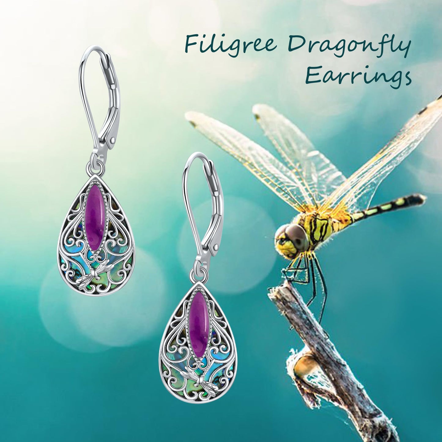 Dragonfly Filigree Earrings Sterling Silver Teardrop Amethyst Leverback Earrings Gifts For Women Jewelry