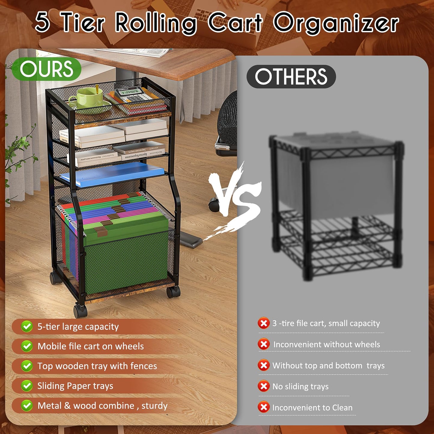 5-Tier Rolling File Cart with Lockable Wheels, Mobile Desk File Organizer Hanging File Folders Paper Letter Sliding Trays, Black Wood & Mesh Hanging Folder Drawer Organization for Office, Home, School