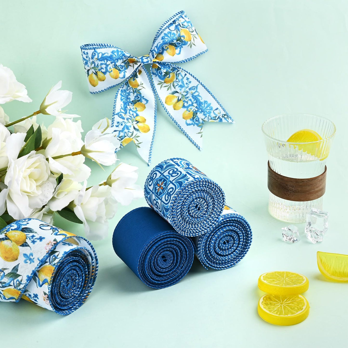 4Rolls 20 Yards Lemon Wired Edge Ribbon 2.5inch Summer Blue Tiles Yellow Lemon Printed Fabric Ribbon for Wreath Bow Making DIY Crafts Wrapping Supplies