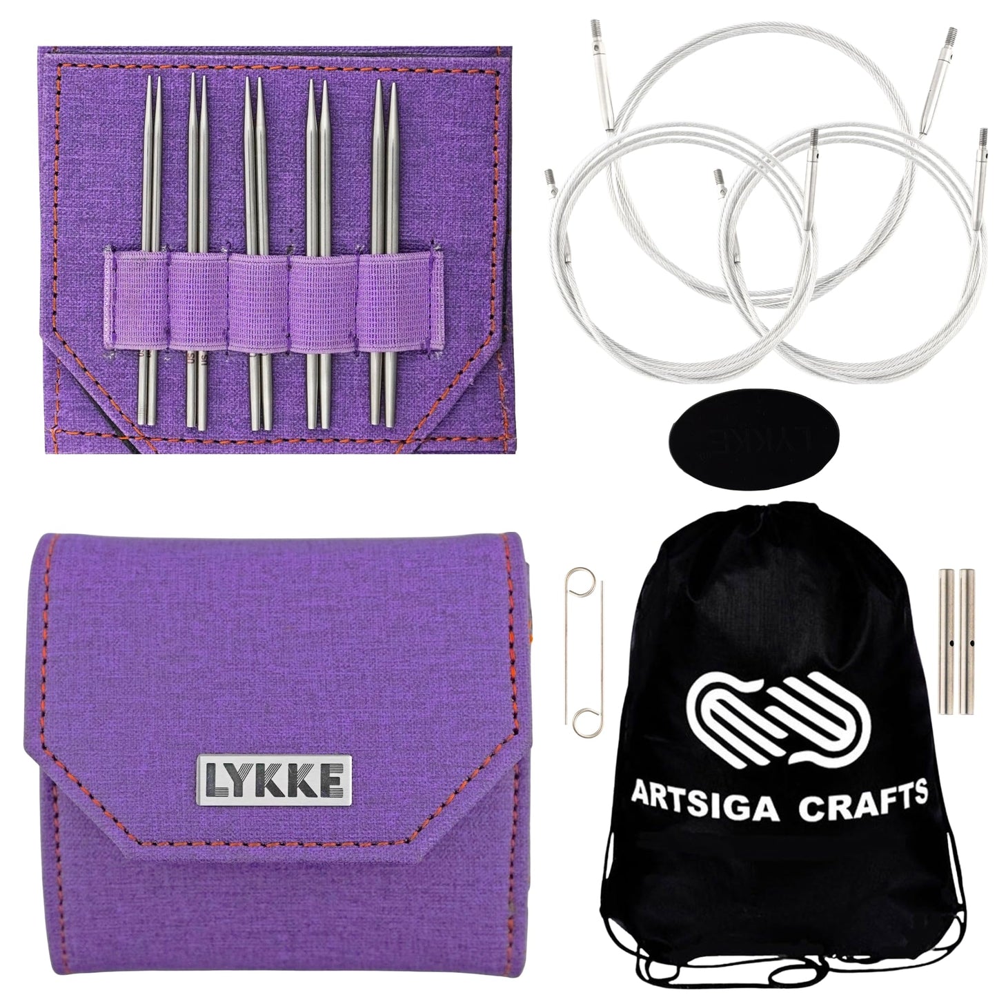 Lykke Flight 3.5 in. Mini Set US Sizes 0, 1, 1.5, 2, 2.5 Interchangeable Circular Knitting Needles for Lace, Fingering, Sock, Baby Yarn, Stainless Steel, 3 Cords, Purple Case, Project Bag