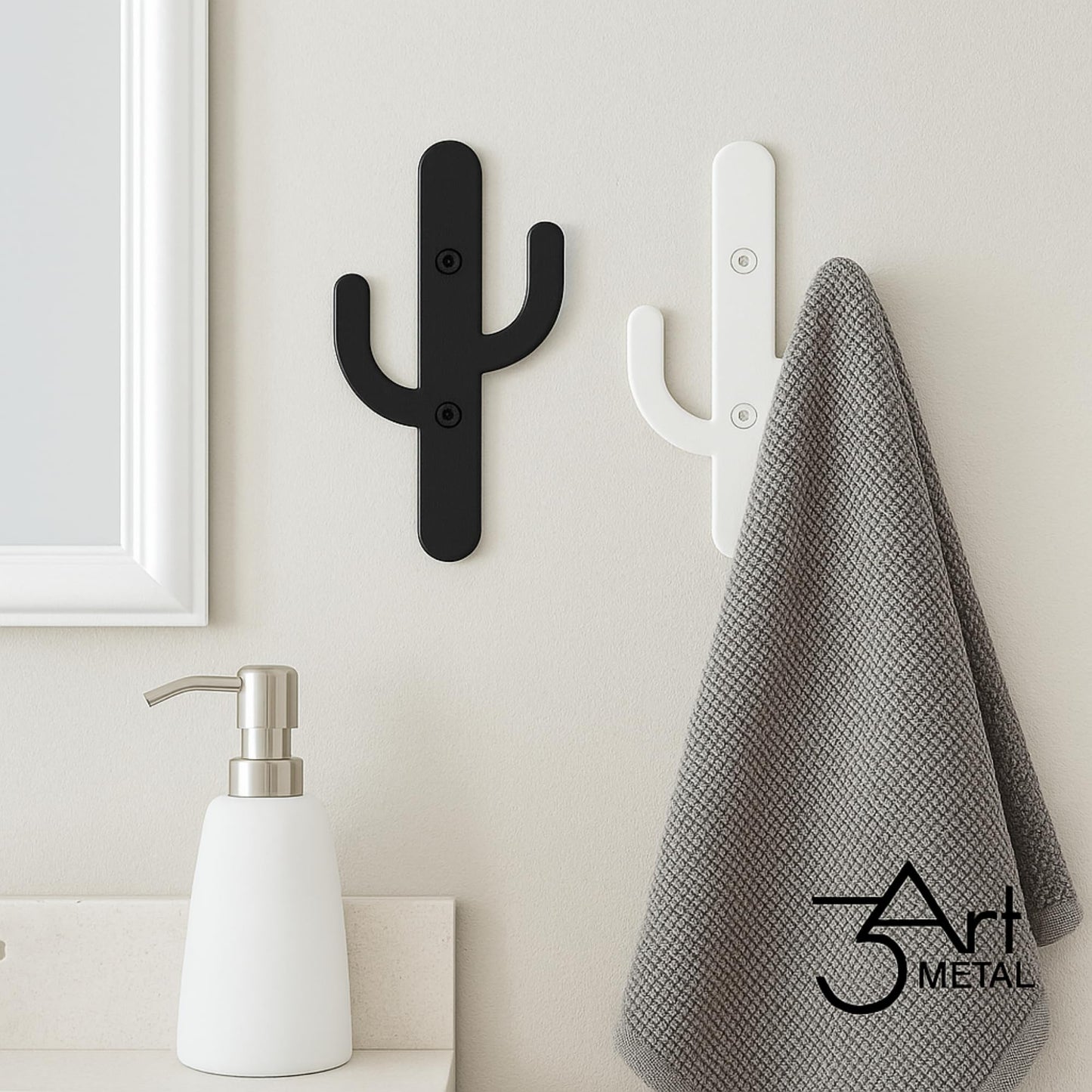 3Art Metal Cactus Wall Hooks Set of 2 – Black & White Minimal Metal Hangers – Decorative Wall Rack for Entryway, Bathroom, Kitchen, Modern Minimalist Decor