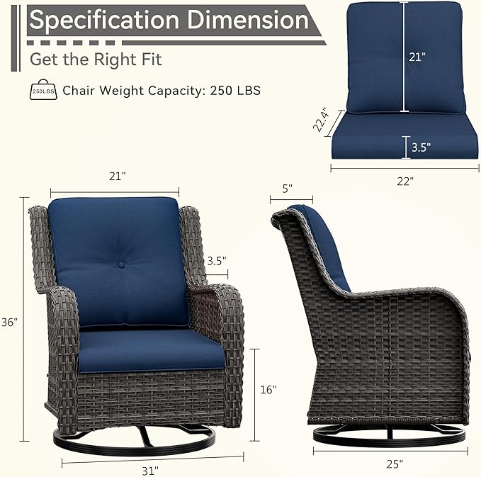 Outdoor Swivel Rocker Patio Chairs Set of 2 - Outdoor Wicker Patio Conversation Sets 2 Pieces with Olefin Fabric Cushions Suitable for Backyard Deck and Porch, Blue