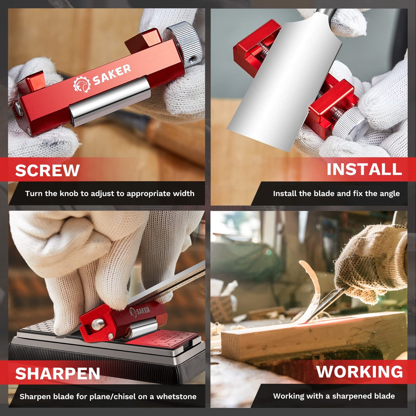 Saker Honing Guide with Whetstone - Red Off-Center Upgraded Honing Tool and Diamond Sharpening Stone Set Kit for Knife, Short Chisels and Planes, Fine/Coarse Plate, 400/1000/Grit…