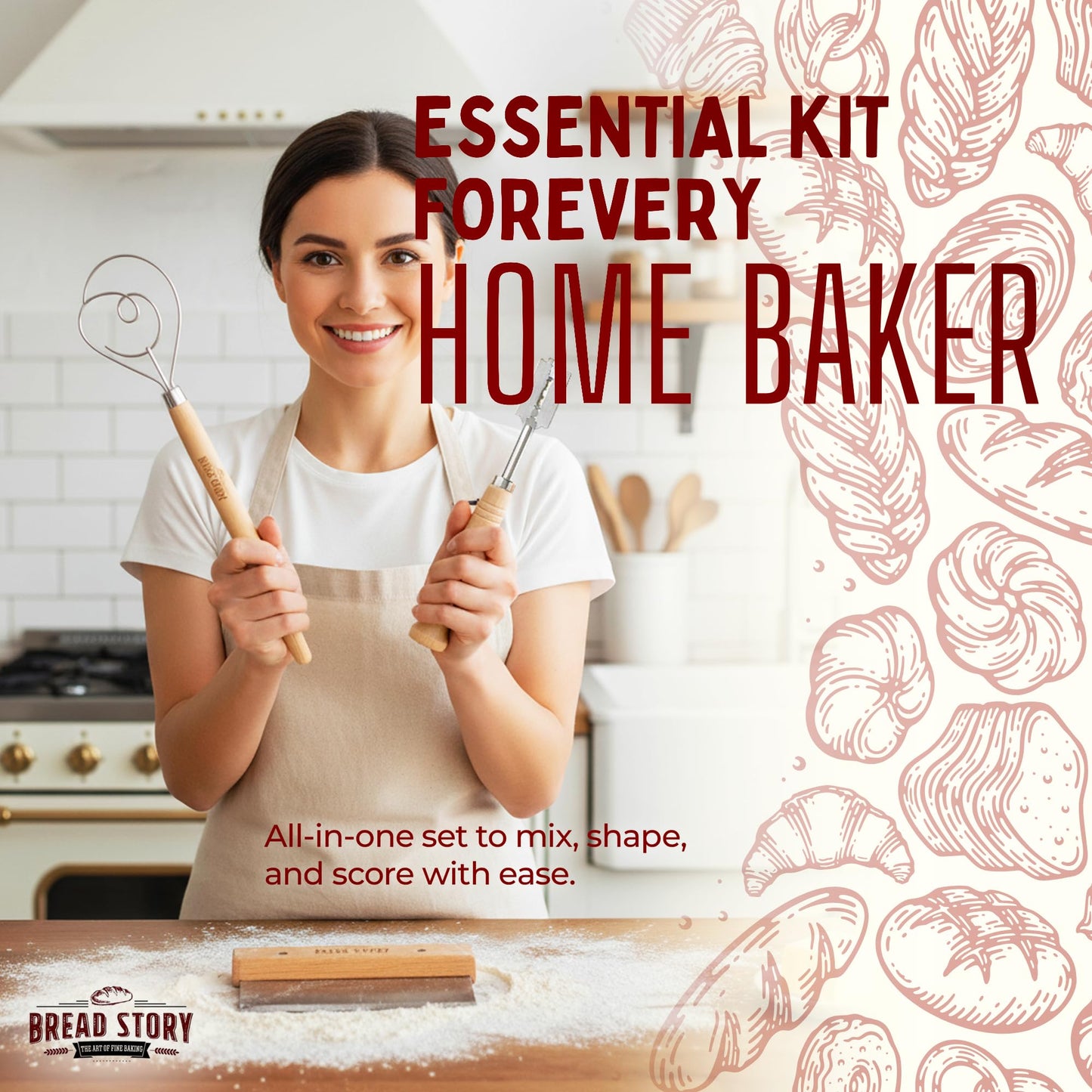 Danish Dough Whisk Set – Wooden Scraper & Lame Scoring Tool | Sourdough Whisk & Mixing Tool Kit | Bread Utensils for Homemade Bread, Pizza, Pastry | Stainless Steel & Wood