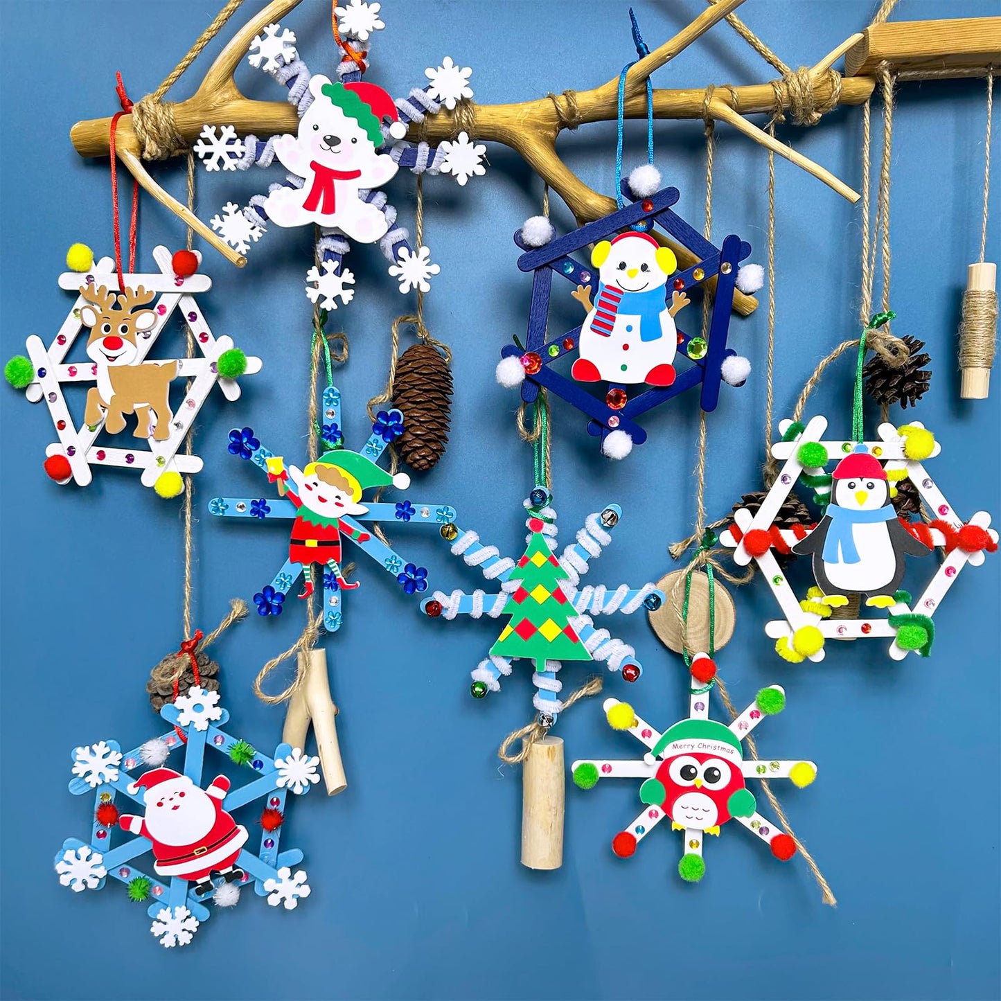 Winlyn 24 Sets Christmas Craft Kits Winter Crafts Popsicle Stick Snowflake Ornaments Decorations Art Sets Craft Stick Snowflake Christmas Stickers for Kids Holiday Classroom Activities Party Favors