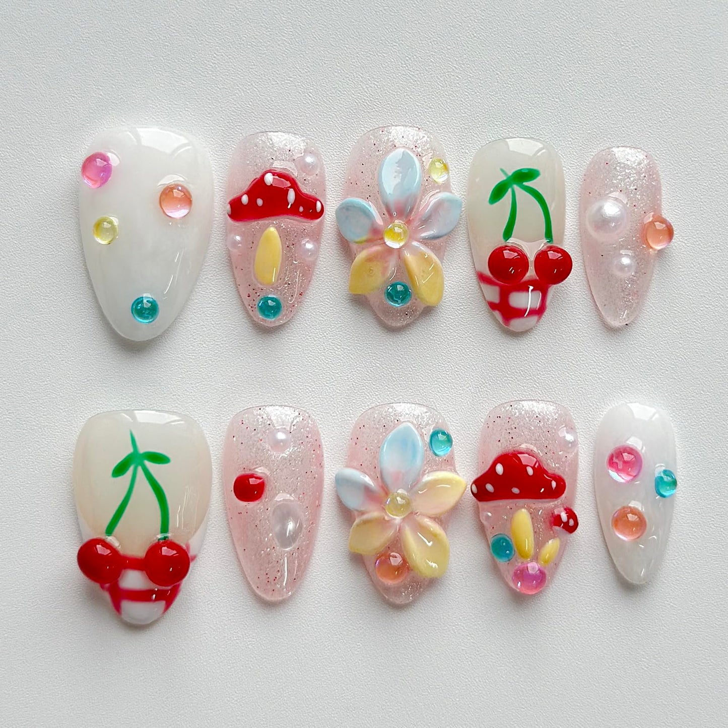 Luxury Press on Nails Short Almond Handmade 3D Unique Reusable ABS Material Fake Nails French Tip False Nails with Designs Mushroom Flower Glitter Glossy Glue on Nail Thick Acrylic Nail(M)