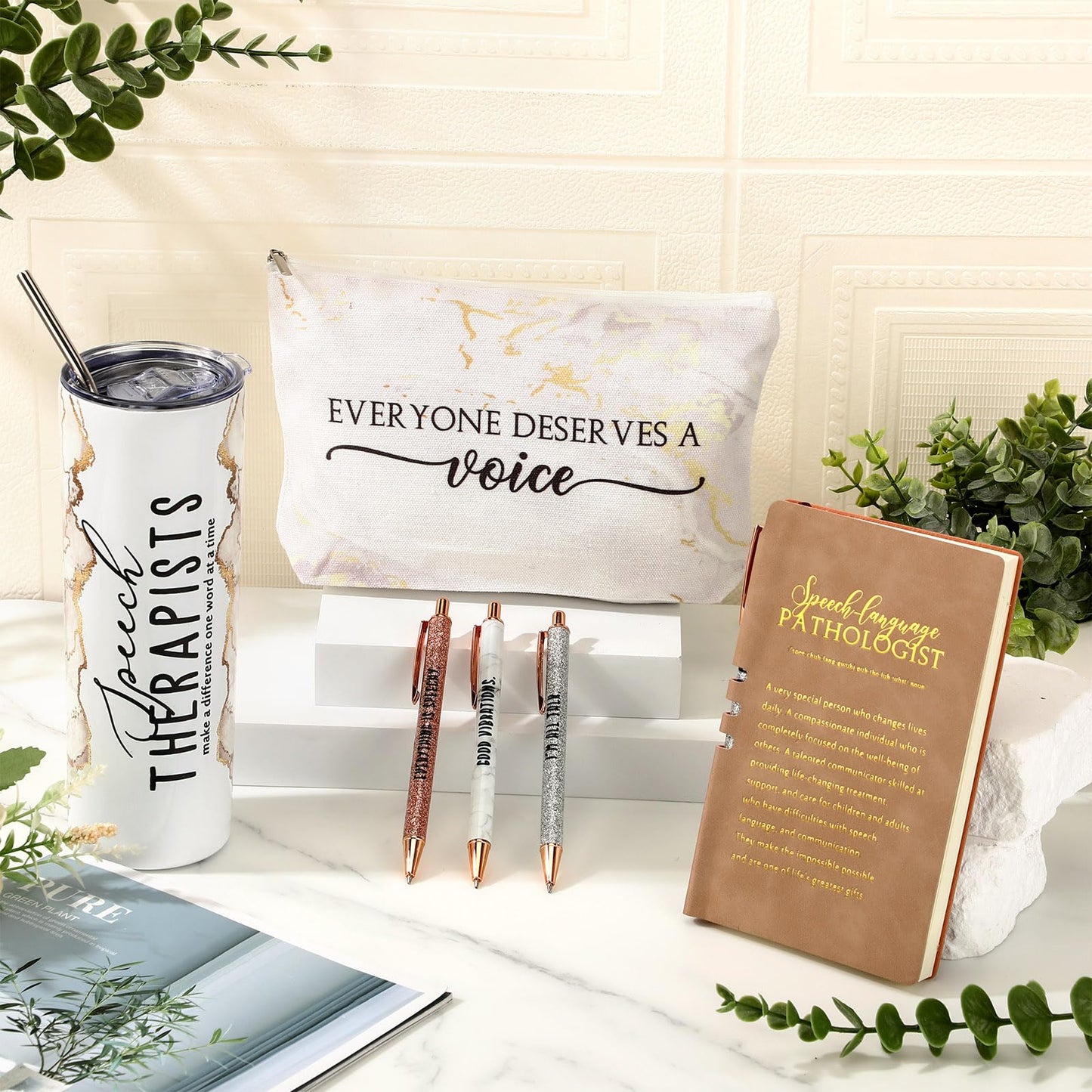 RimCereal 6 Pcs Speech Therapy Gifts Slp Gift for Speech Language Pathologist 20 oz Tumbler Makeup Bag A6 Notebook Ballpoint Pen Slp Graduation Appreciation Gift for Teacher Therapist Birthday(White)