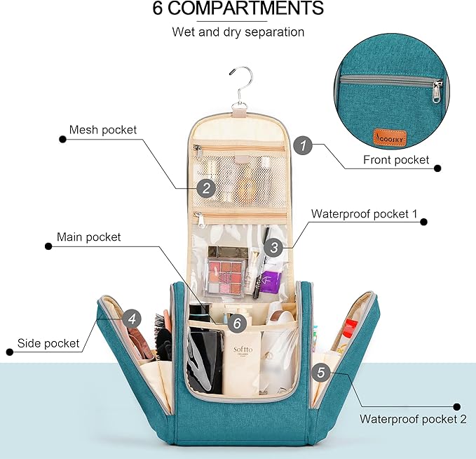 Extra Large Toiletry Bag for Women and Men, 6 Organizer Compartments, Holds Full Size Shampoo, with Hanging Hook Cosmetic Bag, Travel Makeup Bag, Bathroom Water-resistant Toiletries Bag, Blue