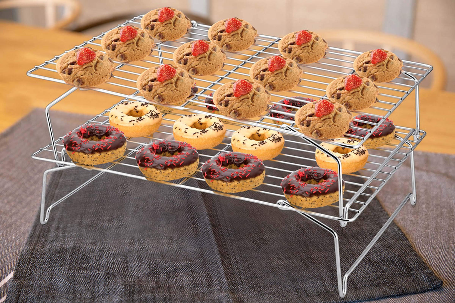 P&P CHEF Cooling Rack Set of 2, 2-Tier Stackable Stainless Steel Wire Racks for Baking Cooking Cooling Roasting, Collapsible & Heavy Duty, Oven Safe & Easy Clean, 15" x 10", Silver