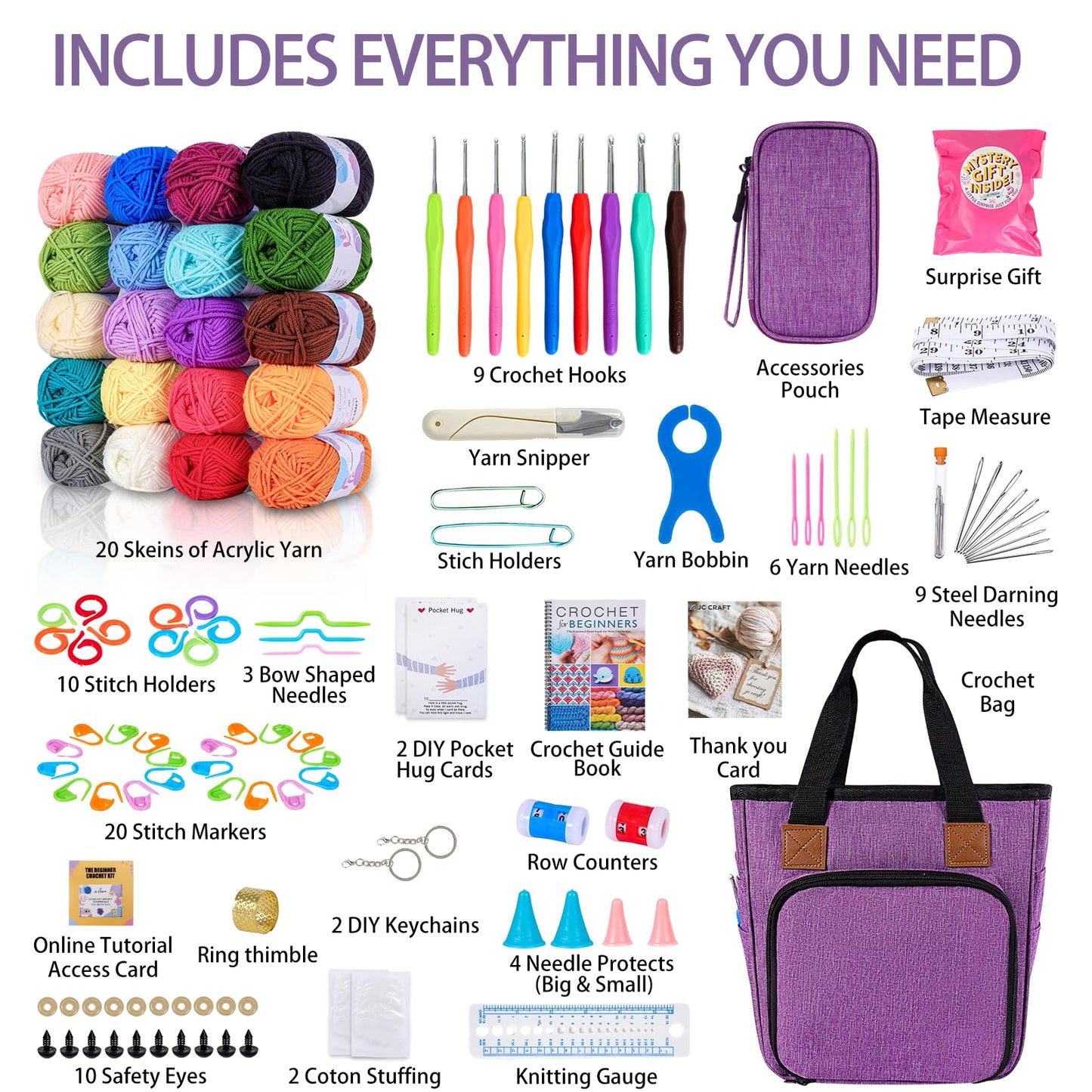 JC CRAFT Deluxe Beginner Crochet Kit – 116-Piece Set with 20 Yarns, Ergonomic Hooks, Accessories, Book for Beginners & Online Tutorial – DIY Starter Kit for Adults & Teens with Purple Bag & Case