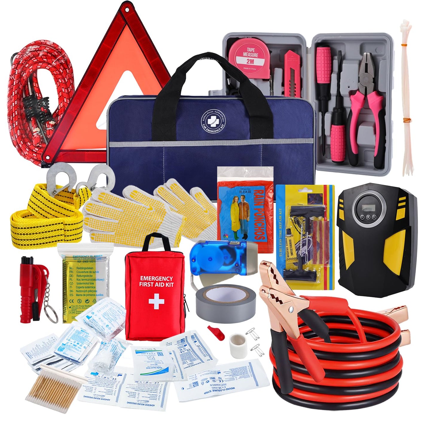 All-in-One Car Emergency Kit with Digital Tire Inflator, Jumper Cable, Tow Strap, Reflective Triangle, First Aid Kit, Hand Crank Flashlight, and Repair Tools for Roadside Safety (Blue)