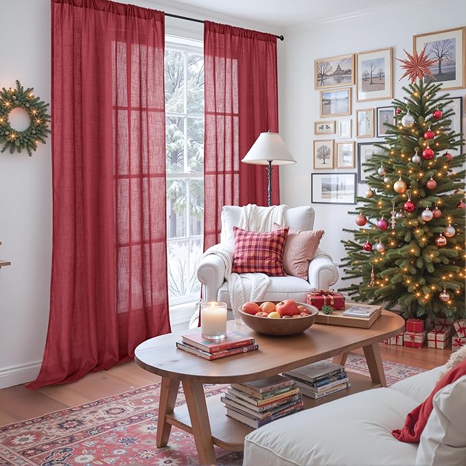 BGment Burgundy Linen Curtains 90 Inch Length for Living Room, Long Semi Sheer Window Drapes Textured for Farmhouse Bedroom Dining Rod Pocket Lightweight, 2 Panels, Each 52 Inch Wide