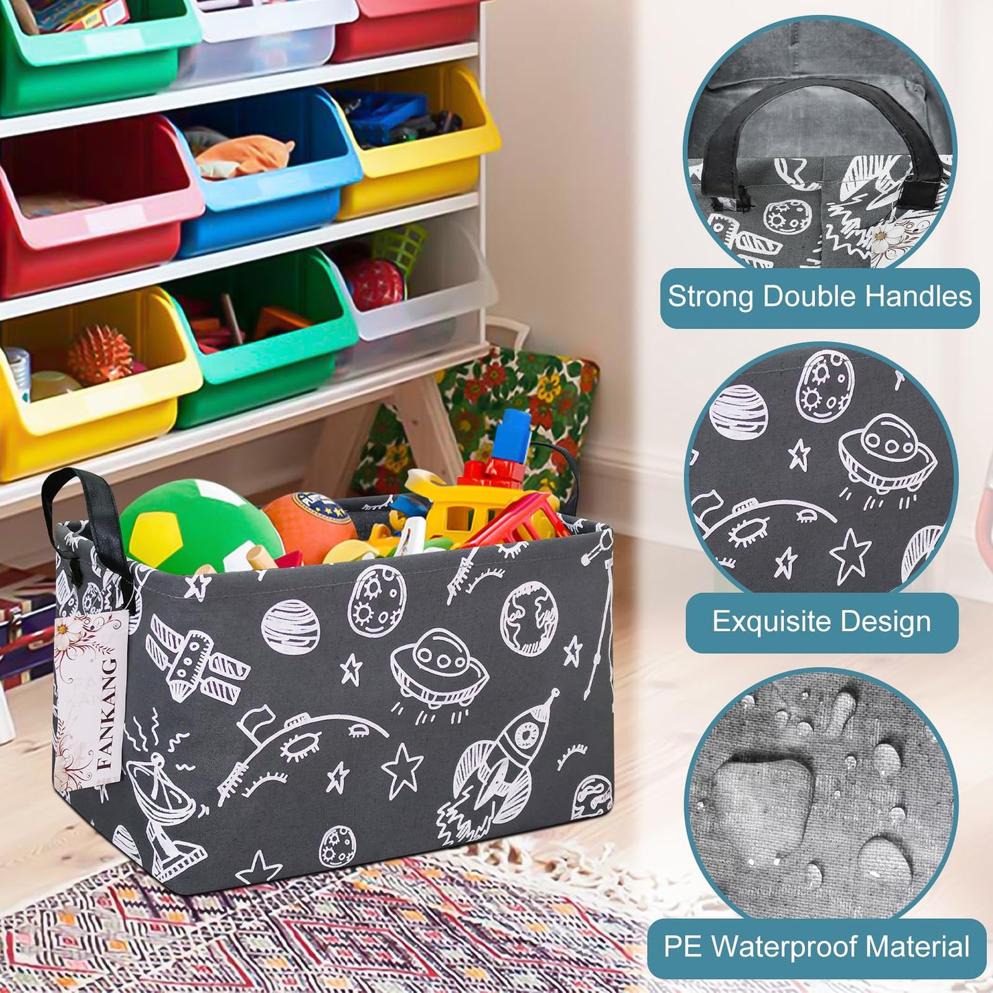 FANKANG Storage Basket,Nursery Hamper Canvas Laundry Basket Foldable with Waterproof PE Coating Storage, Office, Bedroom, Clothes,Toys (Rec-Space Planet)