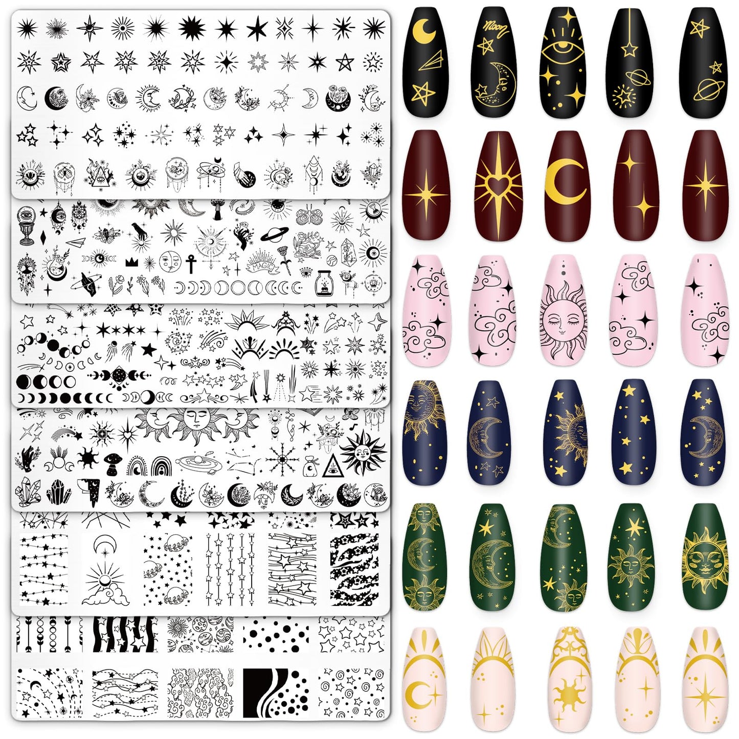 Whaline 6 Pcs Sun Moon Star Nail Plates Stamping Set Groovy Stamp Templates Nail Art Plates for DIY Print Manicure Salon Design Gift Supplies