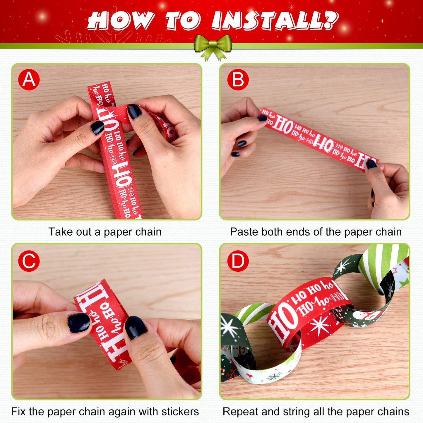 ASTARON 600pcs Christmas Paper Chains Festive Printed Creative Paper Decorations