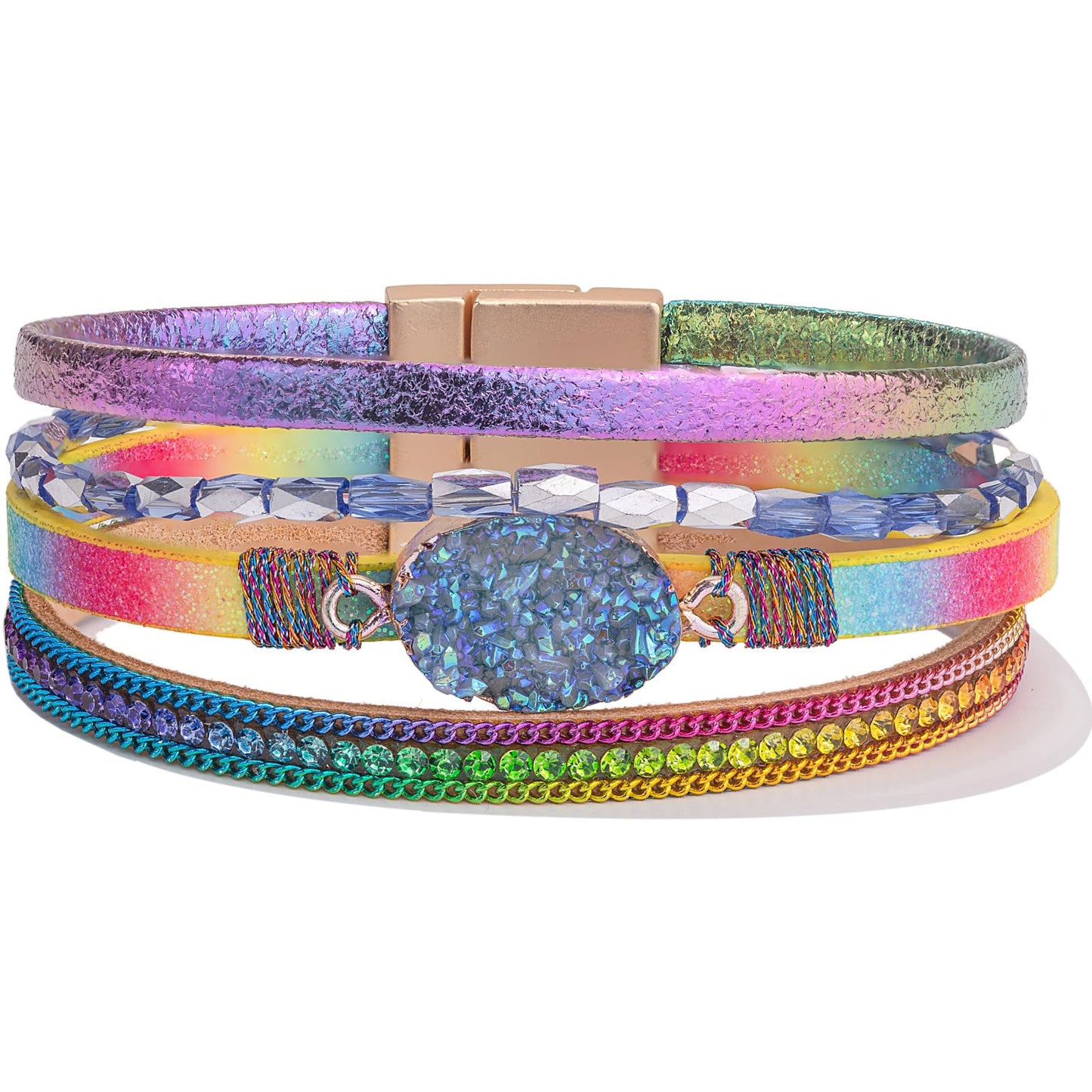 FANCY SHINY Boho Leather Wrap Bracelet Stackable Chunky Crystal Cuff Bracelets with Magnetic Clasp Cowboy Cowgirl Western Summer Beach Outfits Jewelry Gifts for Women (7.7", Rainbow)