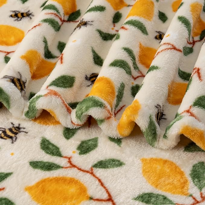 Berkshire Blanket-Classic Heavyweight Soft Printed VelvetLoft® Plush Throw Blanket, Cozy and Fuzzy, Lemons and Bees Yellow, 50in x 70in
