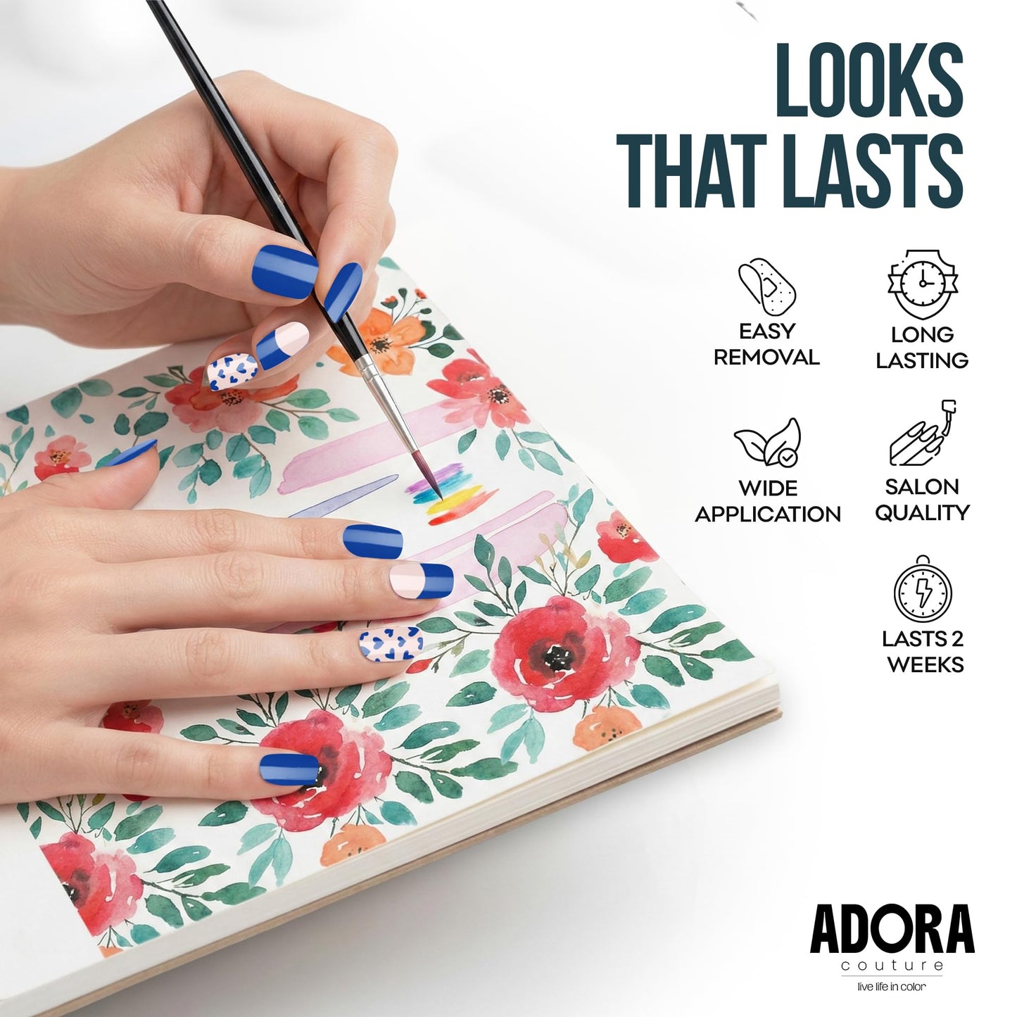 Adora Couture Semi Cured Gel Nail Strips with 30 Pieces - UV Gel Stickers, Manicure Kit, Easy Application Wraps Includes Prep Pads, Nail File, Wooden Stick - UV Light Required (Cobalt Canvas)