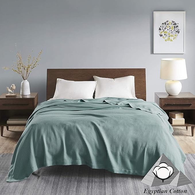 Madison Park Soft Certified 100% Egyptian Cotton Breathable Cozy Blanket, Premium Waffle Knit Classic Design, Luxury All Season Lightweight Cover for Bed, Couch and Sofa, Teal King(108"x90")