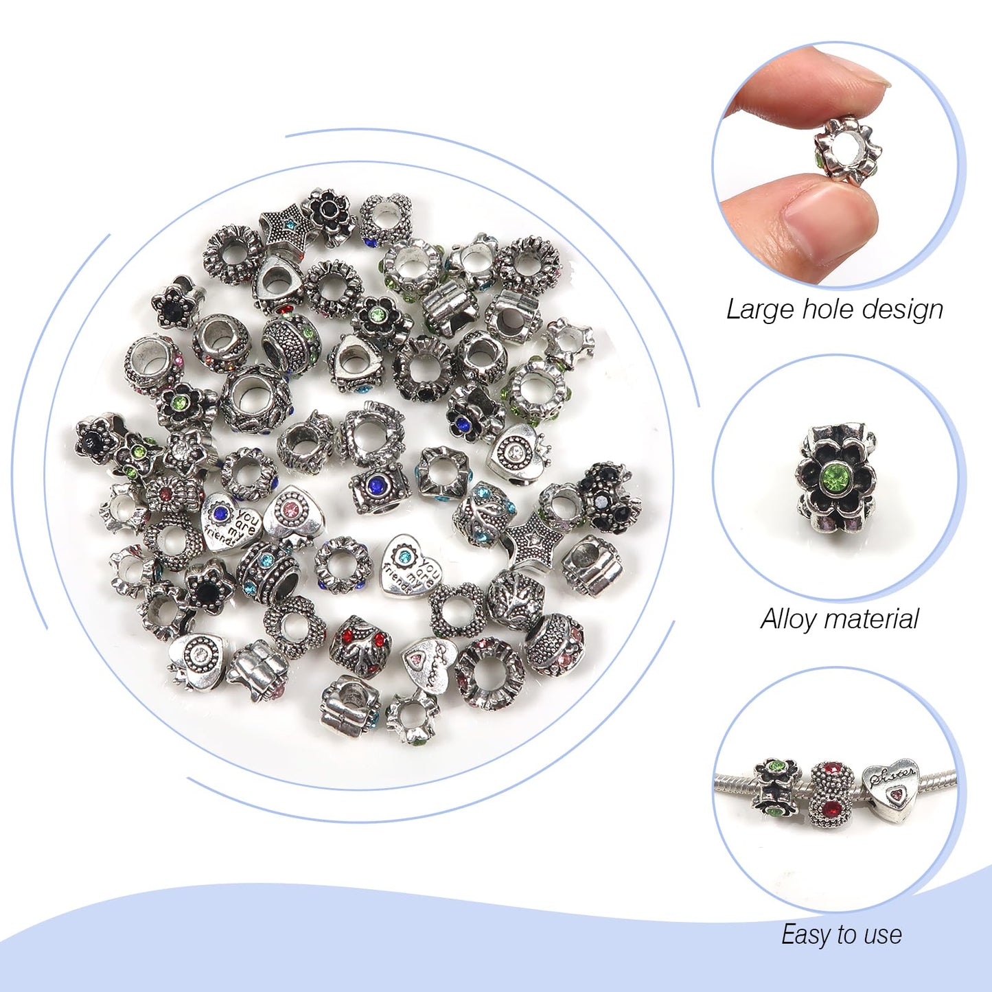TOAOB 60pcs Assorted European Beads Large Hole Spacer Beads Antique Silver Rhinestone Charms Supplies for Bracelet Necklace Jewelry Making