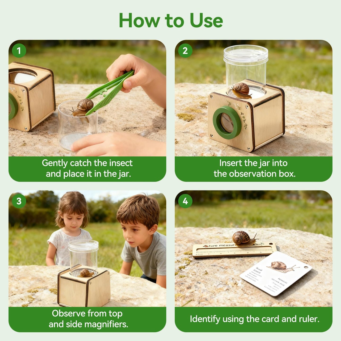 Wooden Bug Catcher for Kids, Tri-View Bug Viewer Kit, Top & Bottom Magnifiers, Insect Observation Container with Tweezers, Ruler & 10 Insect Cards, STEM Outdoor Explorer Toy
