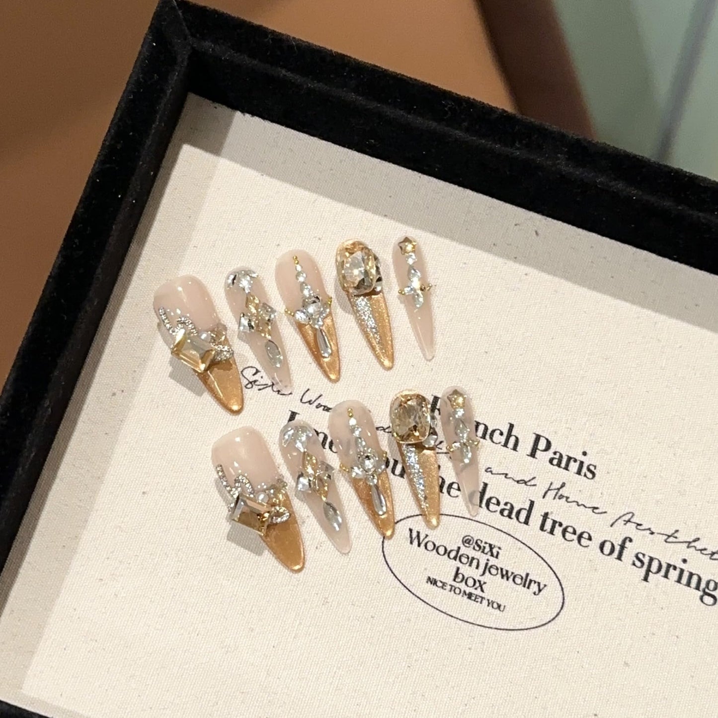 GLORS Luxury Long Stiletto Press-On Nails, Yellow Glitter with 3D Rhinestones and Heart Gems, Handmade False Nail 10 Pieces (Small, LS)