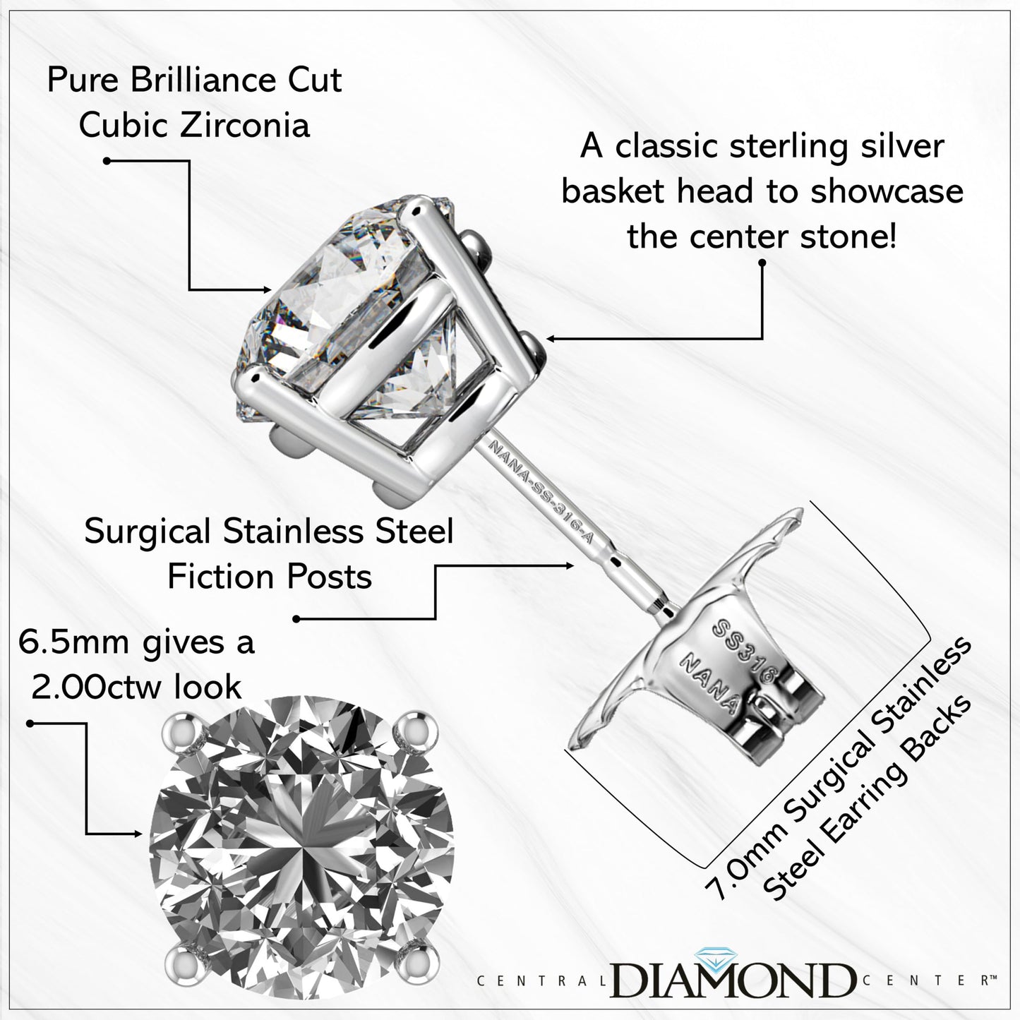 Central Diamond Center Round Simulated Diamond Stud Earrings Hypoallergenic Metal & Sterling Silver CZ - 6.50mm (2.00cttw) Rose