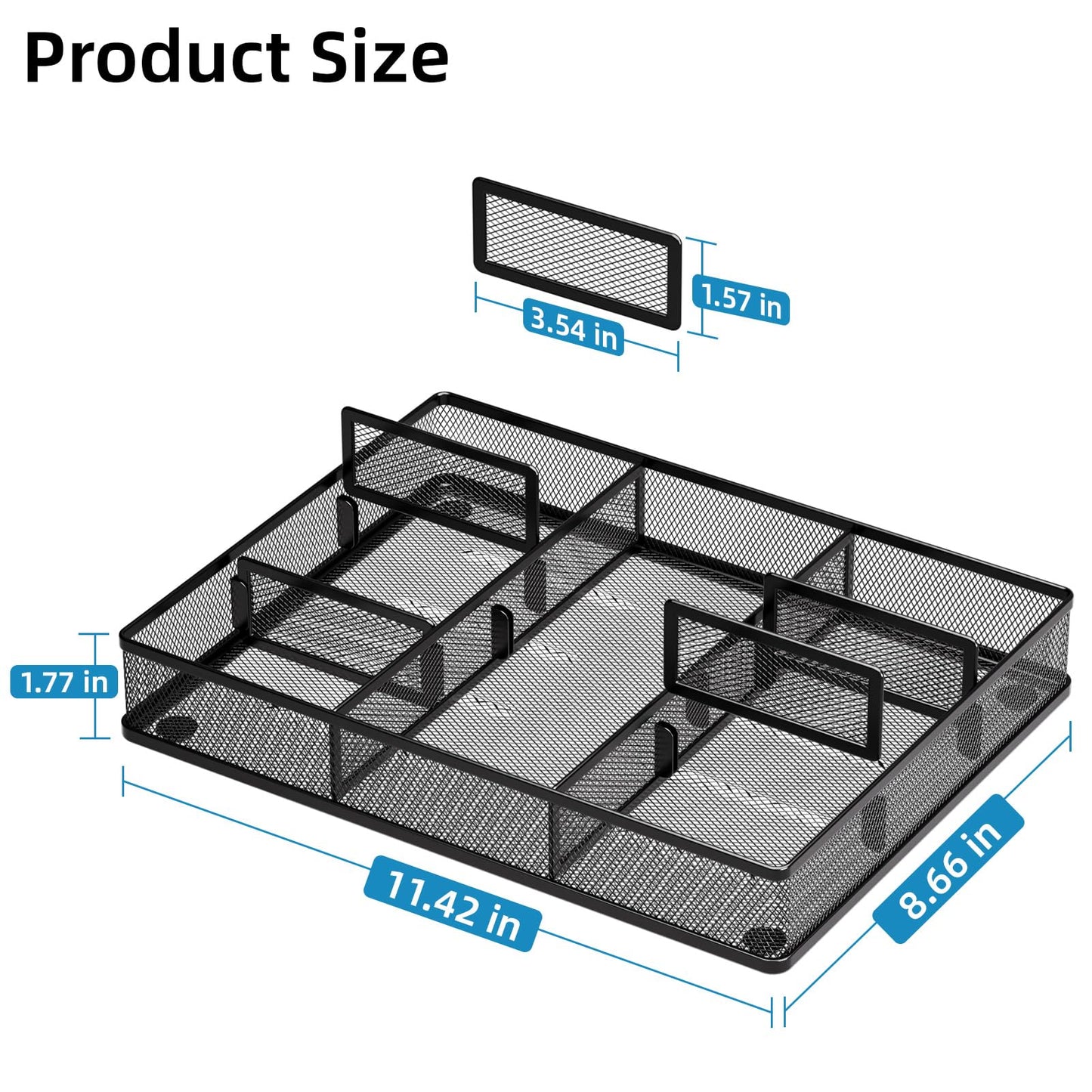 Marbrasse Desk Drawer Organizer, Metal Mesh Drawer Organizer Tray with 5 Adjustable Compartments,Desk Organizers and Accessories for Home,Office,Kitchen,Makeup,Vanity (Black)