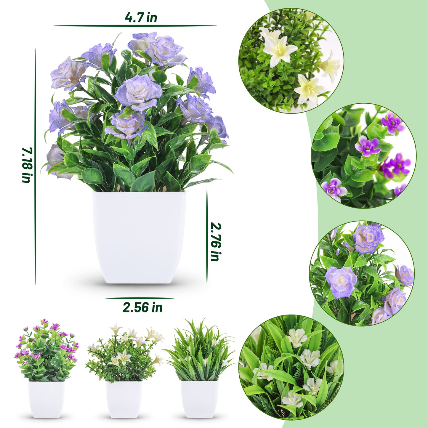 Der Rose 4 Pack Small Fake Plants Mini Artificial Faux Plants Indoor with Flowers Spring Decorations for Home Room Farmhouse Desk House Bathroom Decor