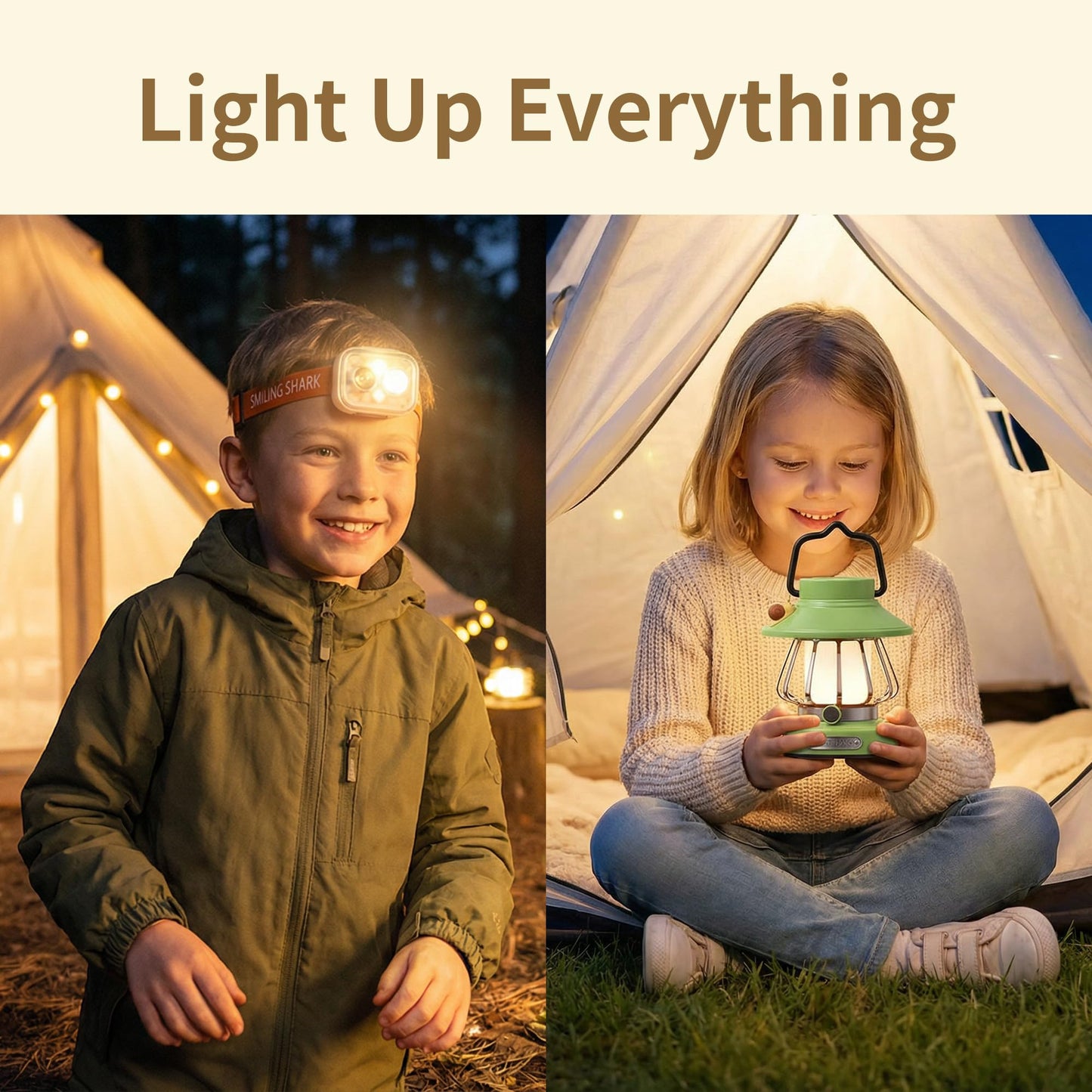 Kids Adventure Light Set: Kids Camping Lantern & Motion Sensor Headlamp, USB-C Rechargeable, Hands-Free Headlight for Hiking, Sleepovers & Outdoor Explorations – Perfect Gift for Young Explorers
