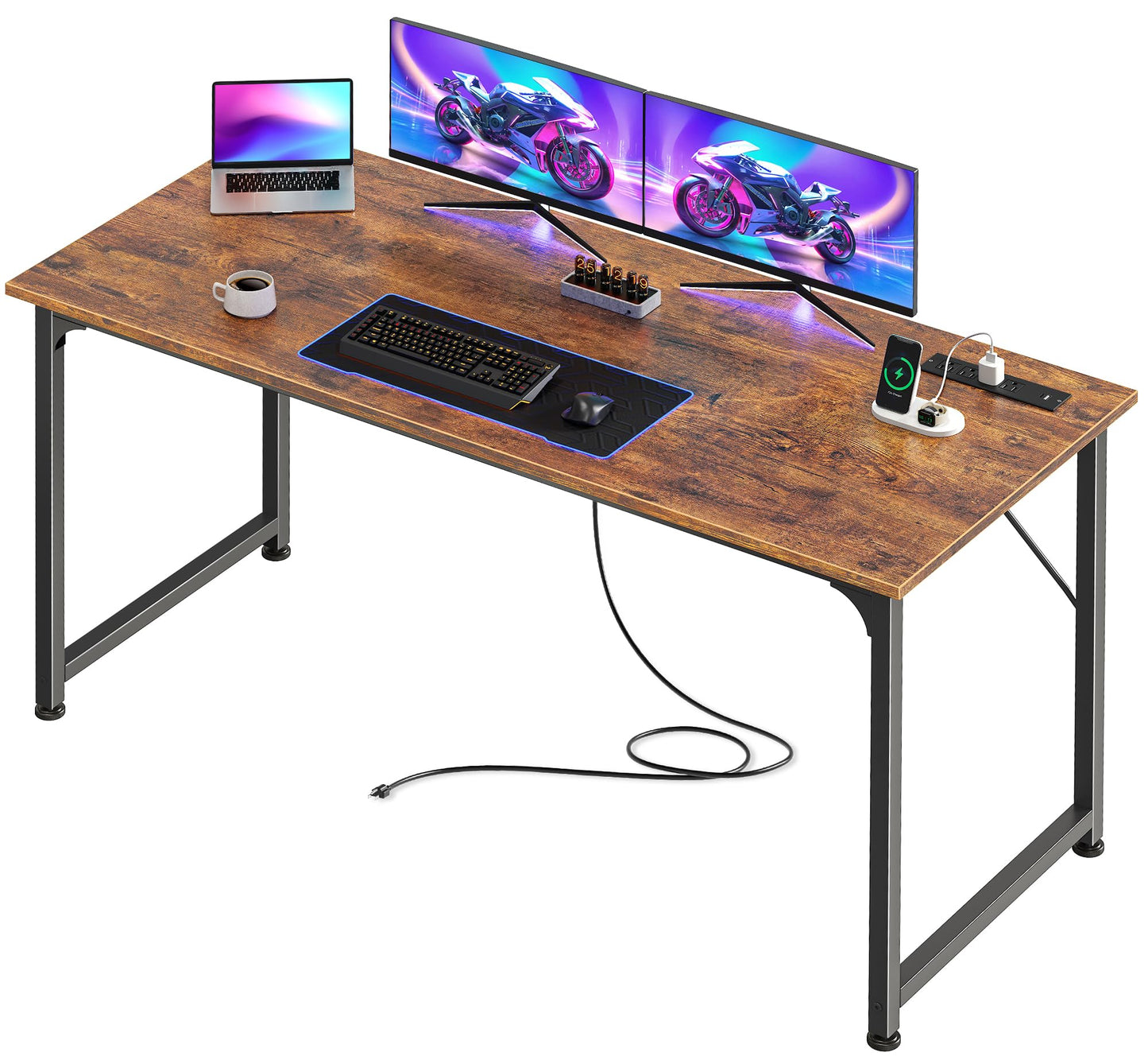 PRAISUN 55 X 20 Inch Office Computer Desk with Power Outlets and USB-C Port, Larger and Longer Gaming Desk, for Home Office, Study, Bedroom, Writing Work from Home Table, Metal Frame, Rustic Brown