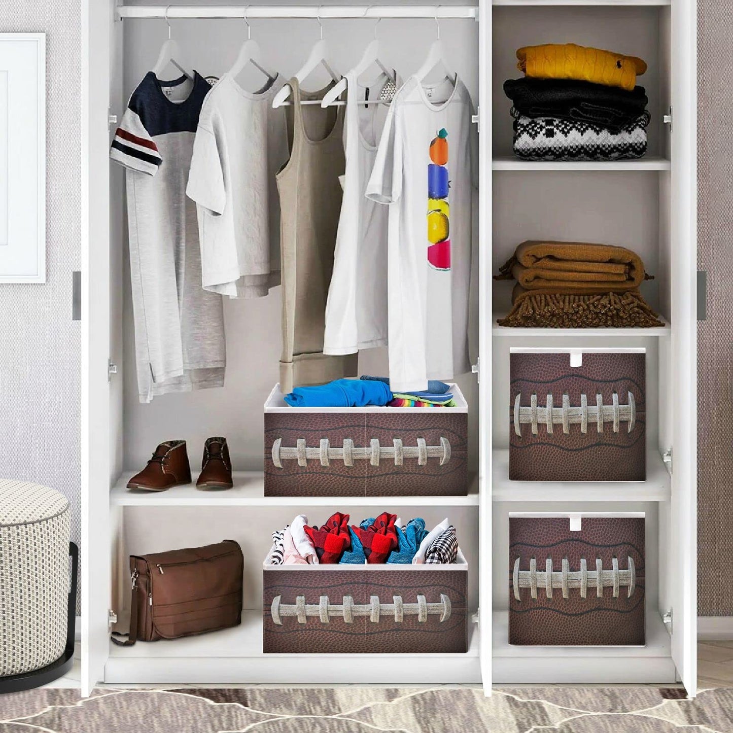 Ollabaky American Football Laces Foldable Fabric Storage Cube Basket Cloth Organizer Box with Handle for Closet Shelves, Nursery Toy Bin