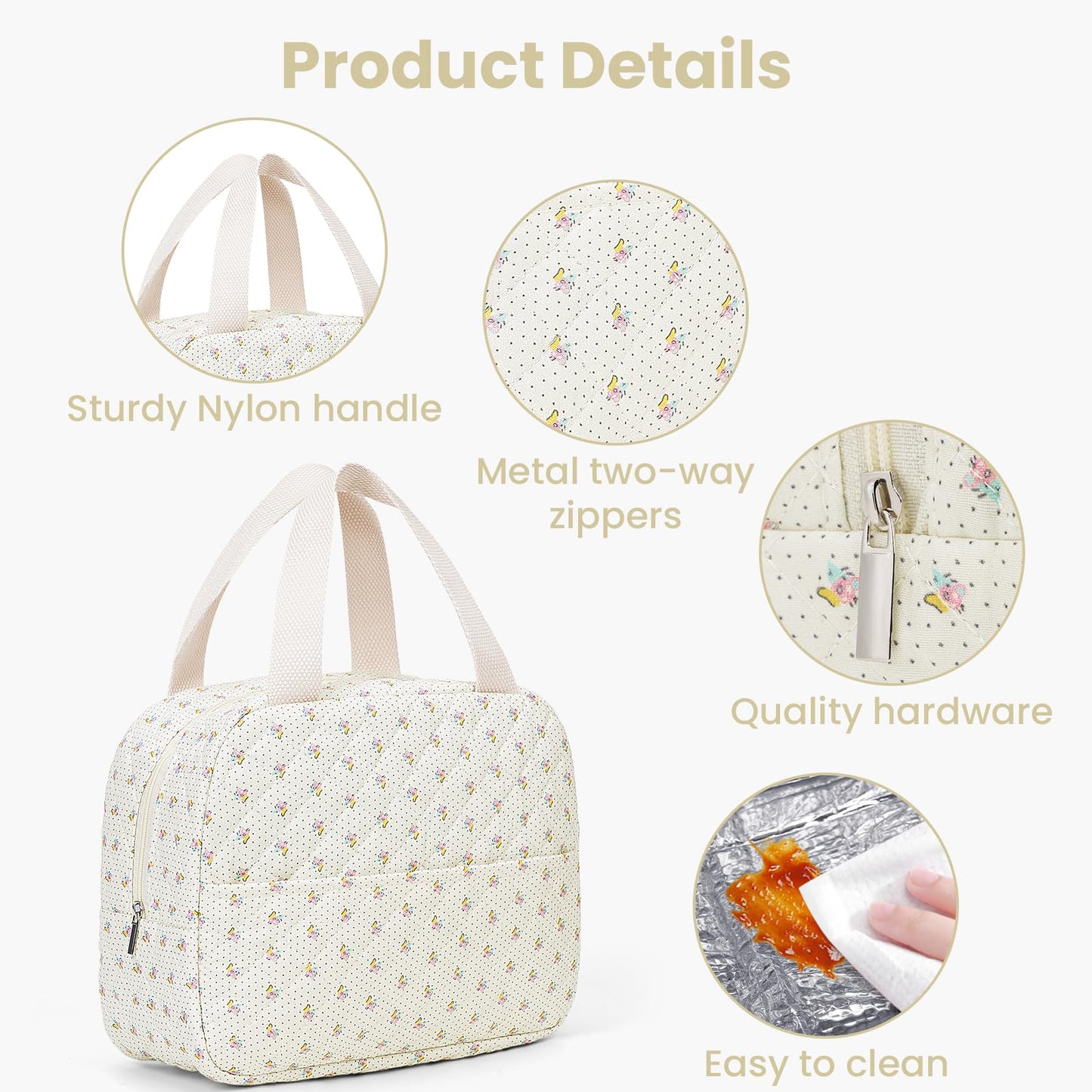 BBIQI Floral Quilted Lunch Bag for Women Cute Lunch Tote Insulated Leakproof Lunch Box Reusable Cooler for Work, Picnic