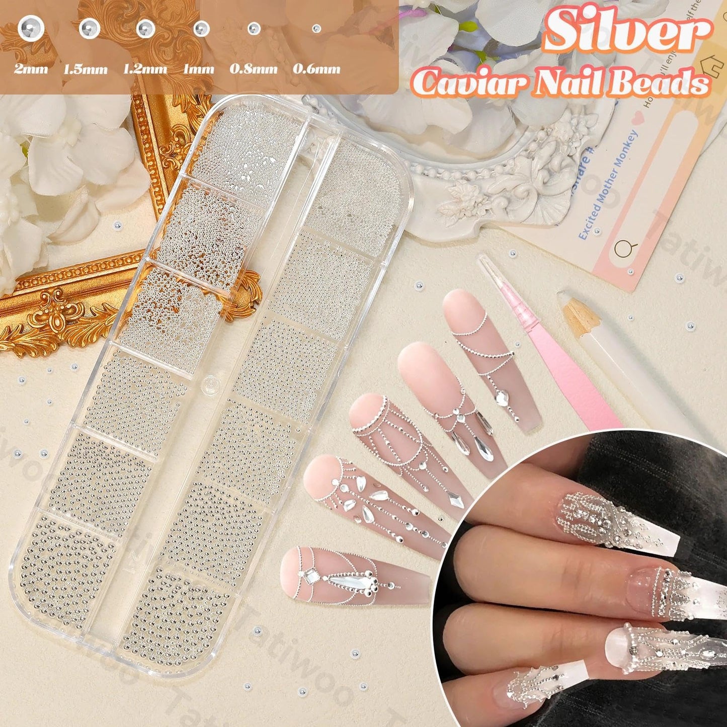 3 Boxes Caviar Metal Nail Beads, Gold Silver Nail Chains, Mix Sizes 0.6-2mm Round Gold Silver Caviar Beads for Acrylic Nails Art DIY Crafts Embellishment Making