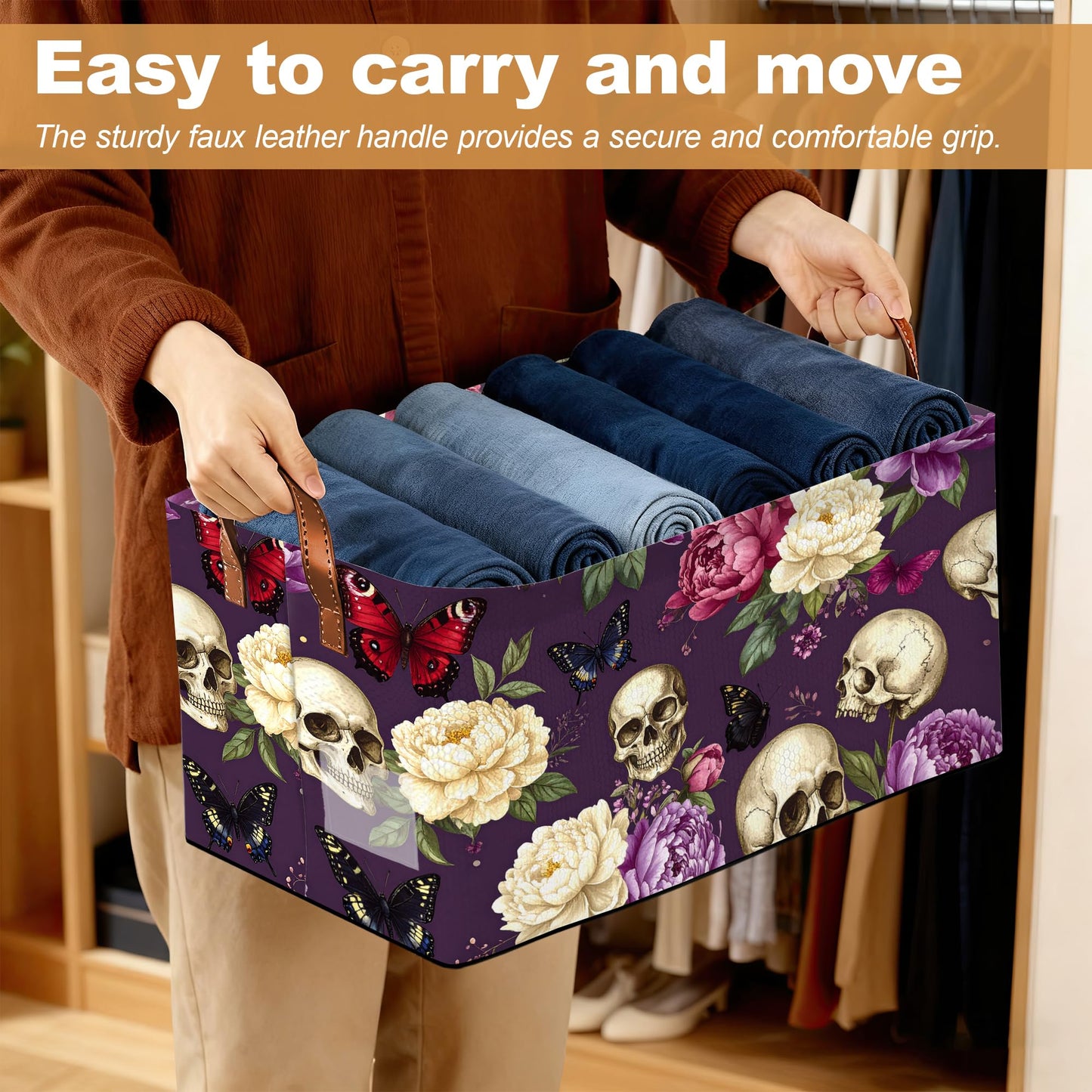 Oeaskly Storage Bins with Handles, Oxford Cloth Storage Basket with Sturdy Frame, Purple Flower Skeleton Collapsible Organizer for Closet, Shelf, Clothes, Towels, Home Storage