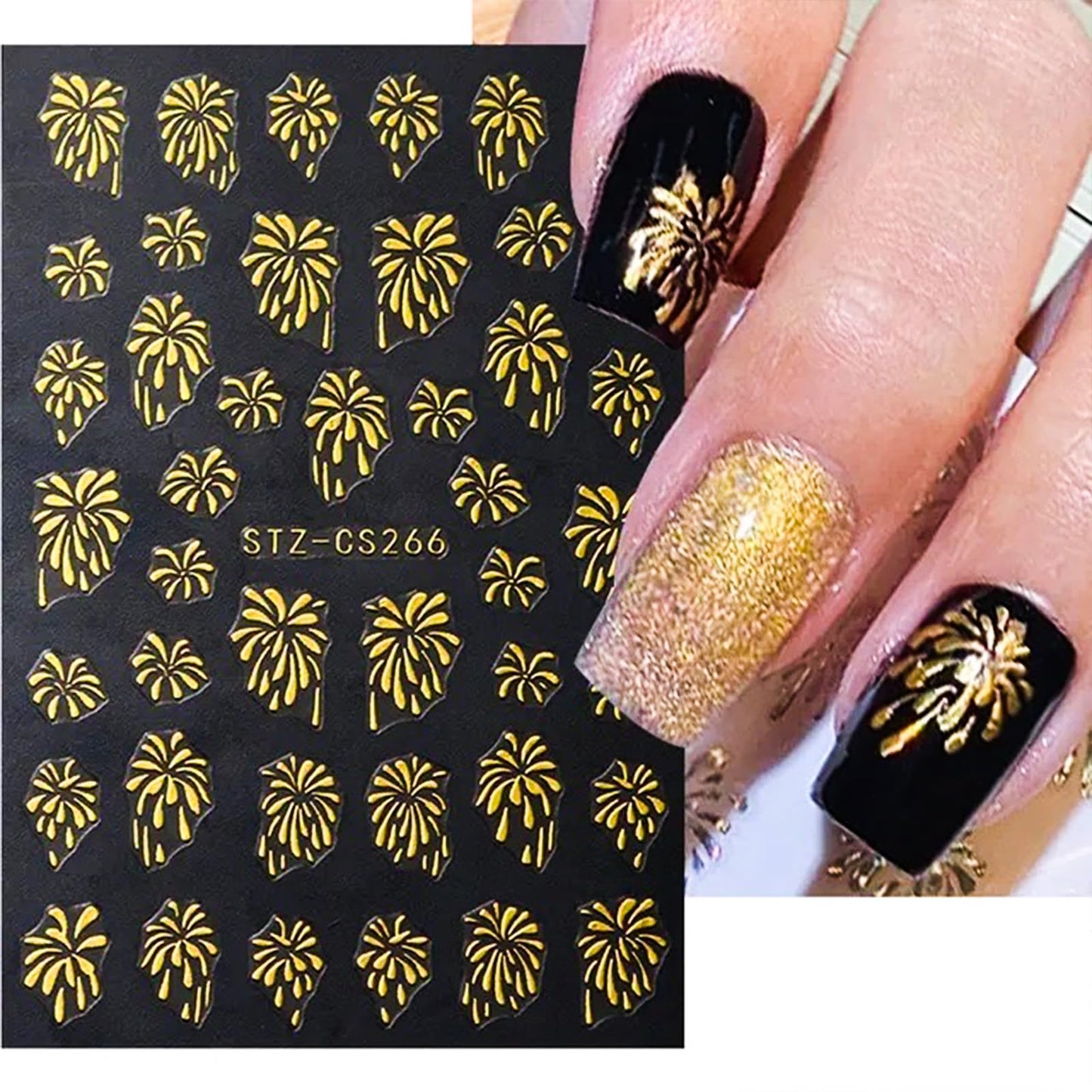 Gold Firework Nail Decals - Glitter Self-Adhesive Stickers, Bronzing Designs for Nail Art on New Year Nails