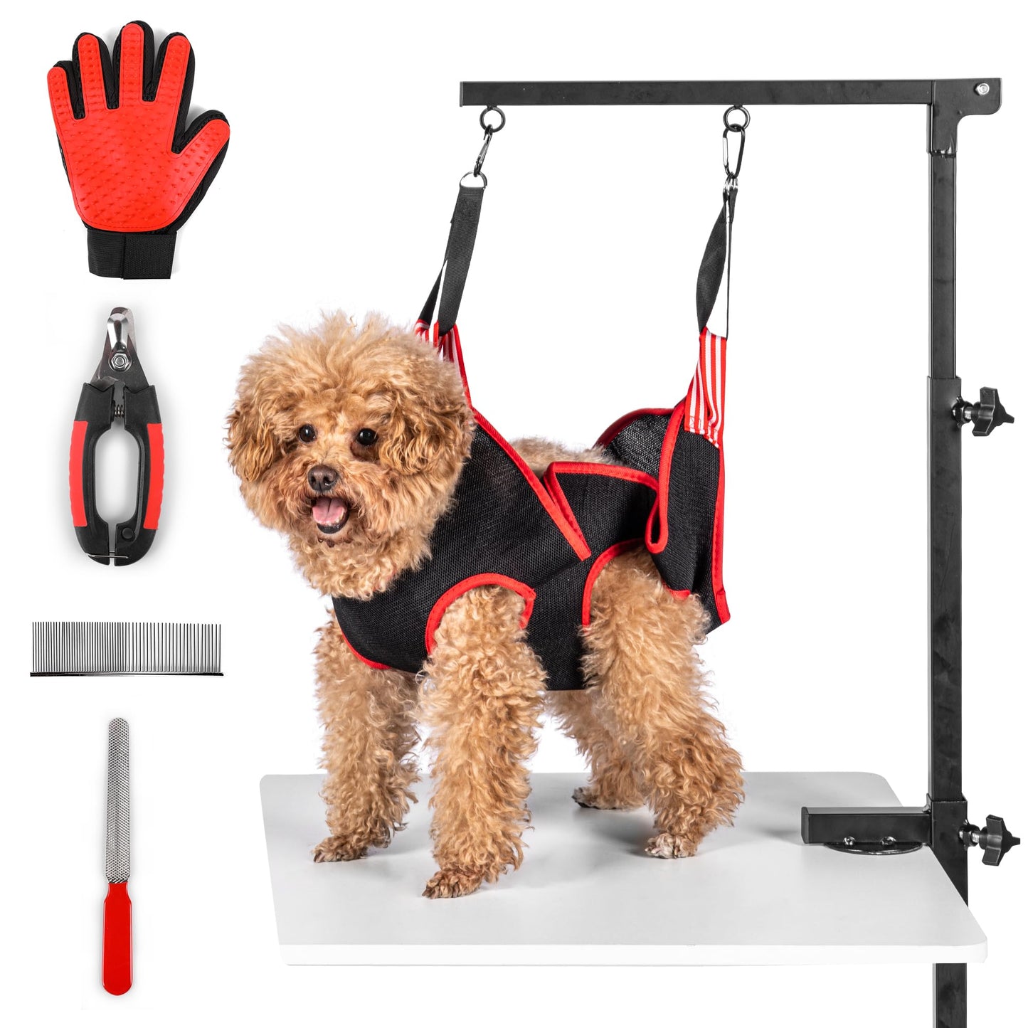 Dog Grooming Arm with Clamp & Pet Grooming Hammock | 4 Extra Bundles | Dog Grooming Stand with Grooming Gloves, Shears & Comb & Nail File | Grooming Table Arm with Adjustable No Sit Haunch Holders