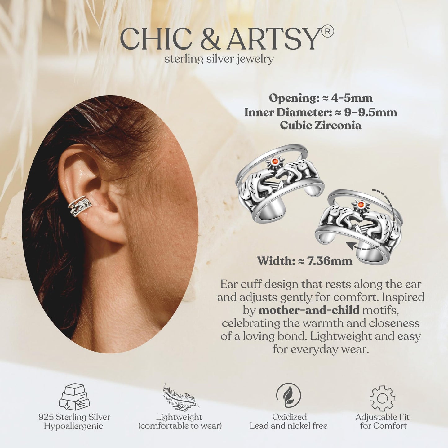Ear Cuffs 925 Sterling Silver Mama Bear Ear Cuff Earring Hypoallergenic Non Piercing Ear Cuff Earring for Women Clip On Cartilage Earrings