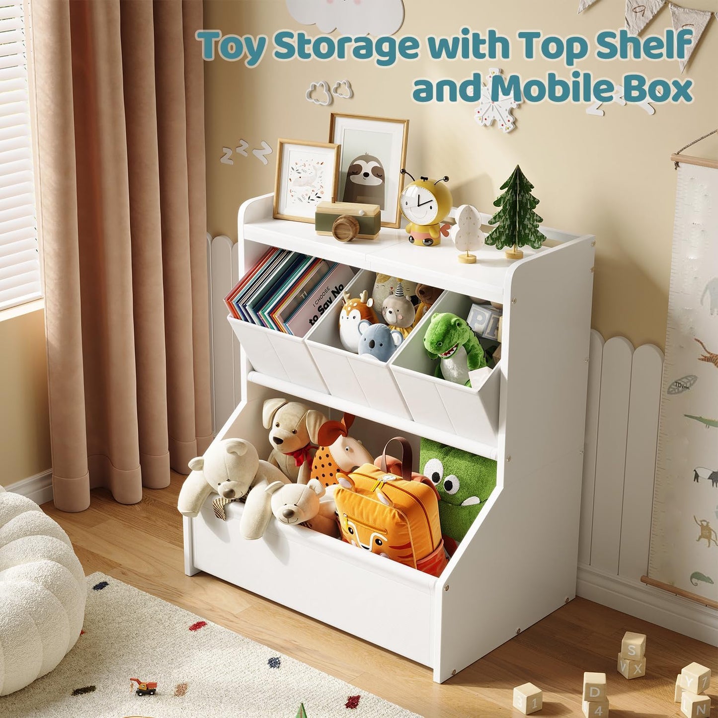 FOUCSSOMEI Kids Toy Storage Organizer, 3-Tier Toy Storage Shelf, Narrow Toy Organizer with Removable Bins, Safe Stable Design for Playroom Nursery Living Room, Patent Design