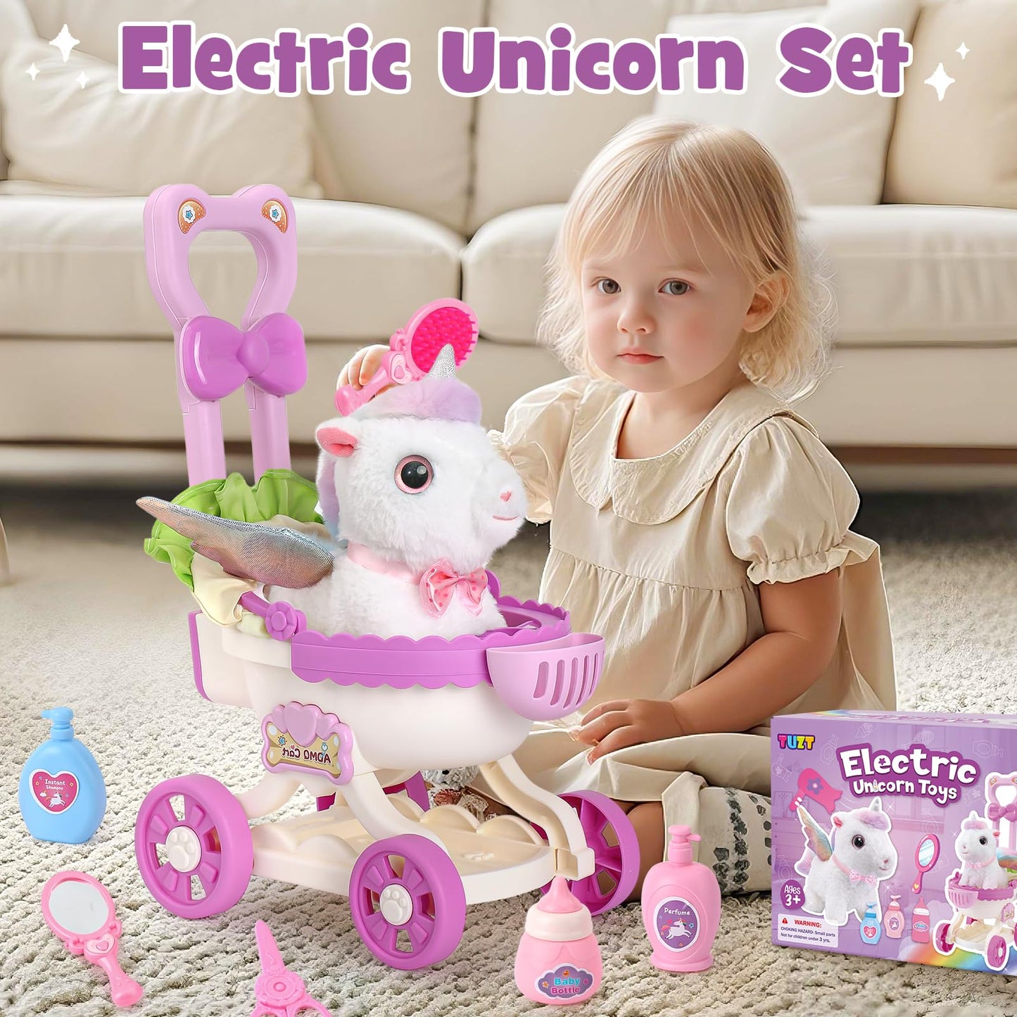TUZT Girl Interactive Walking Unicorn Stroller Toy Set with Plush Electric Unicorn & Groom Care Accessories, Pretend Play Christmas Birthday Gift Toddler 3 4 5 6 Years, Unicorn Toys for Girls 4-6
