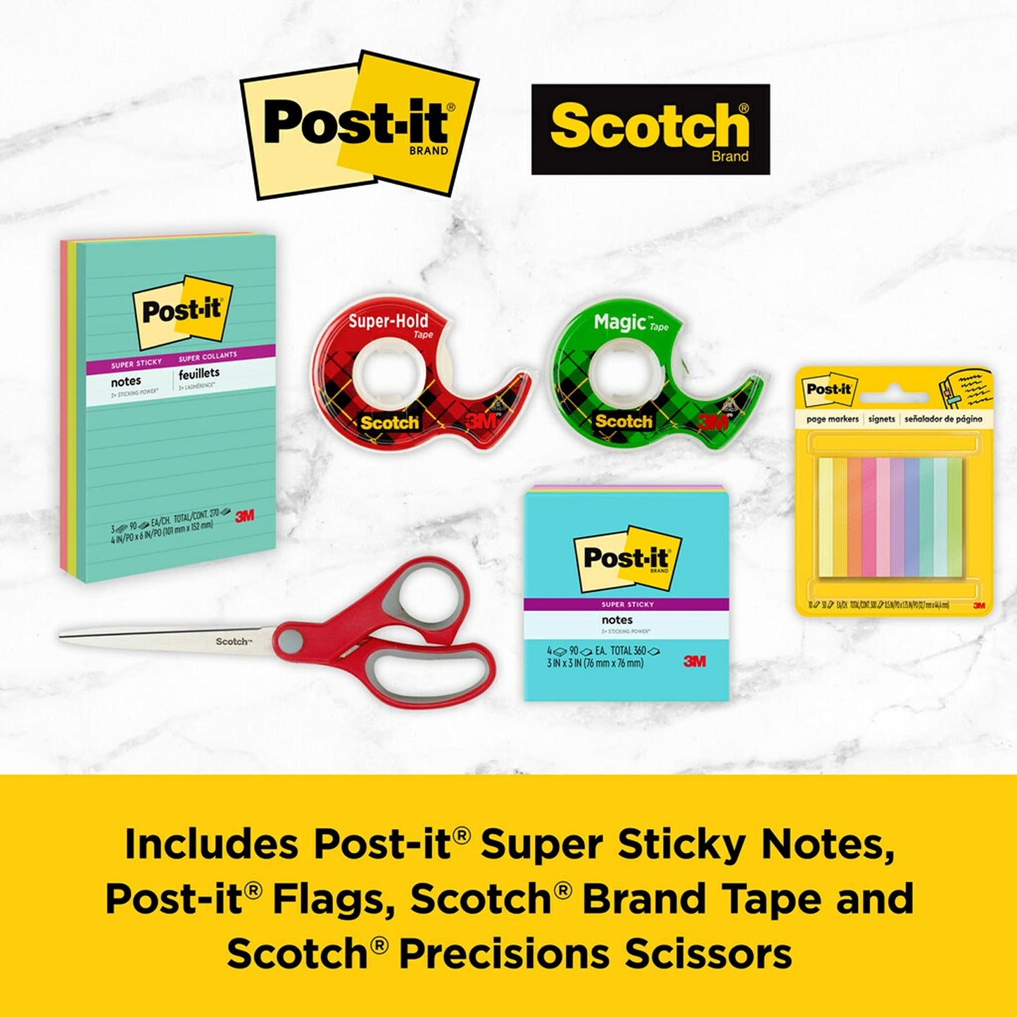 Scotch and Post-it Brand Office Essentials Kit, Business and Teacher Supplies Set with Post-it Super Sticky Notes, Scotch Super Hold Tape, Scotch Magic Tape, Post-it Flags, Sharp Scissors for Office