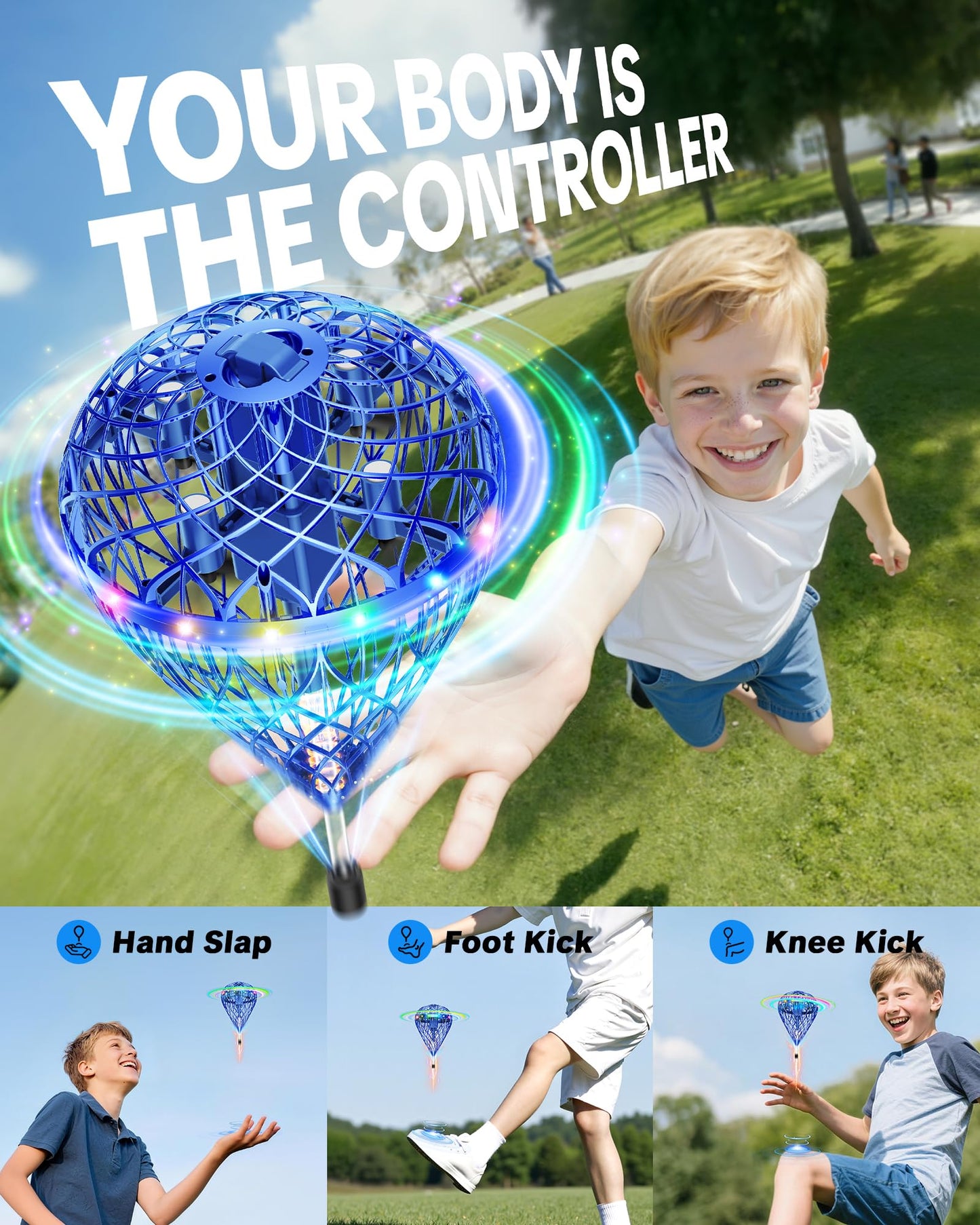 Flystars Flying Bouncing Toys, Next-Gen Pro 2025 Cosmic Globe Flying Orb Ball Motion-Control Hover Spinner with 3D Flips, Cool Birthday Toy for Kids 6+ Boys Girls Teens (Blue-L)